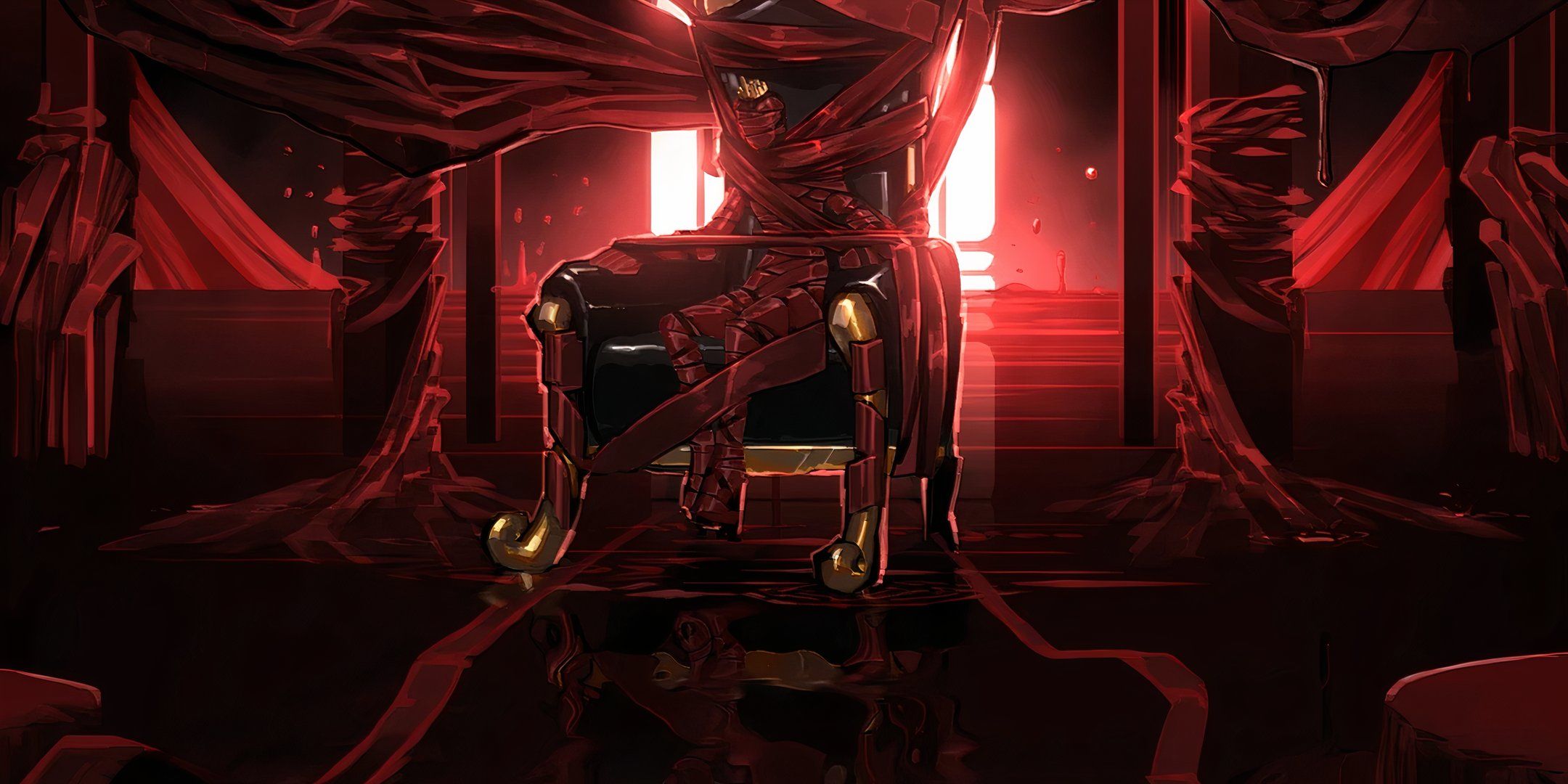 The King In Binds sits wrapped in his restraints tied to his throne, which are connected to his throne room in Limbus Company.