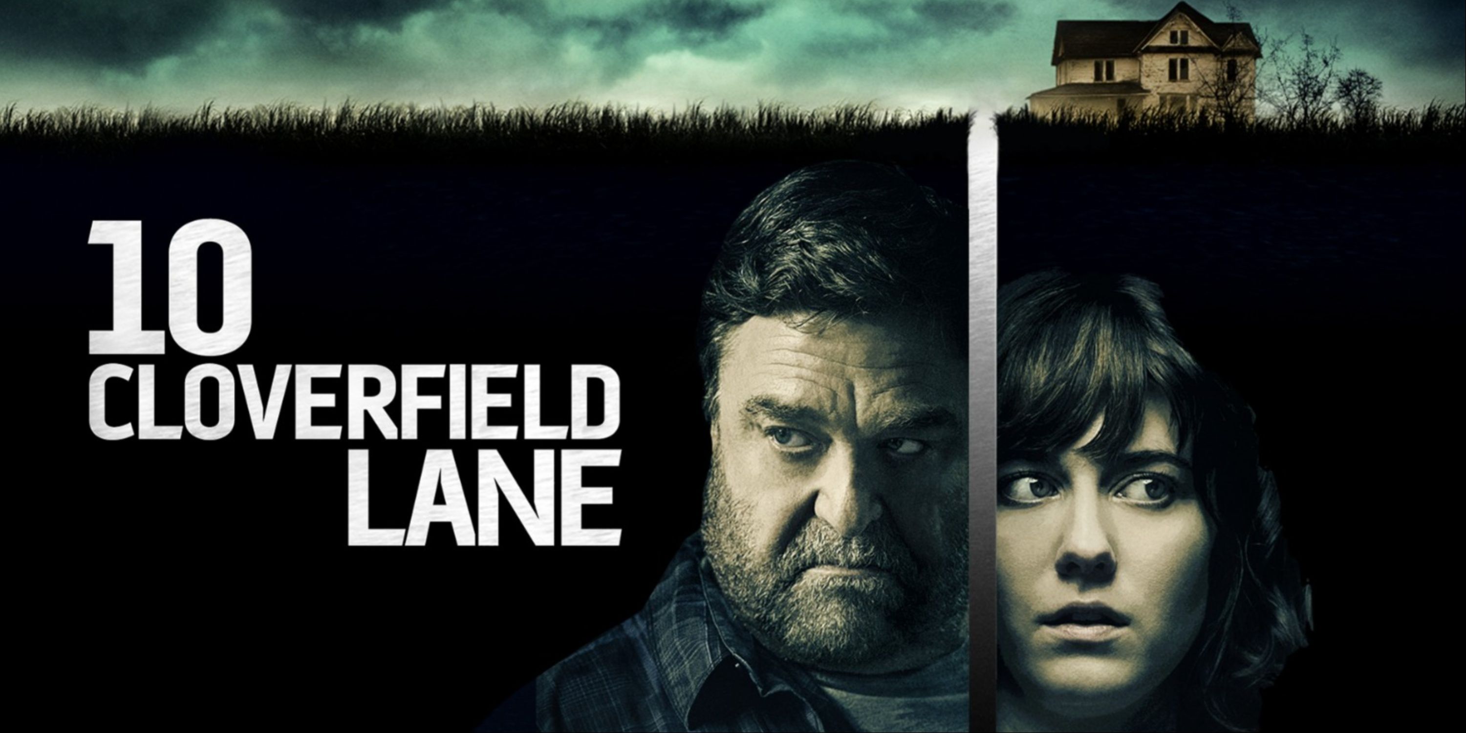 The main art for 10 Cloverfield Lane featuring actors Mary Elizabeth Winstead and John Goodman as well as the title card.