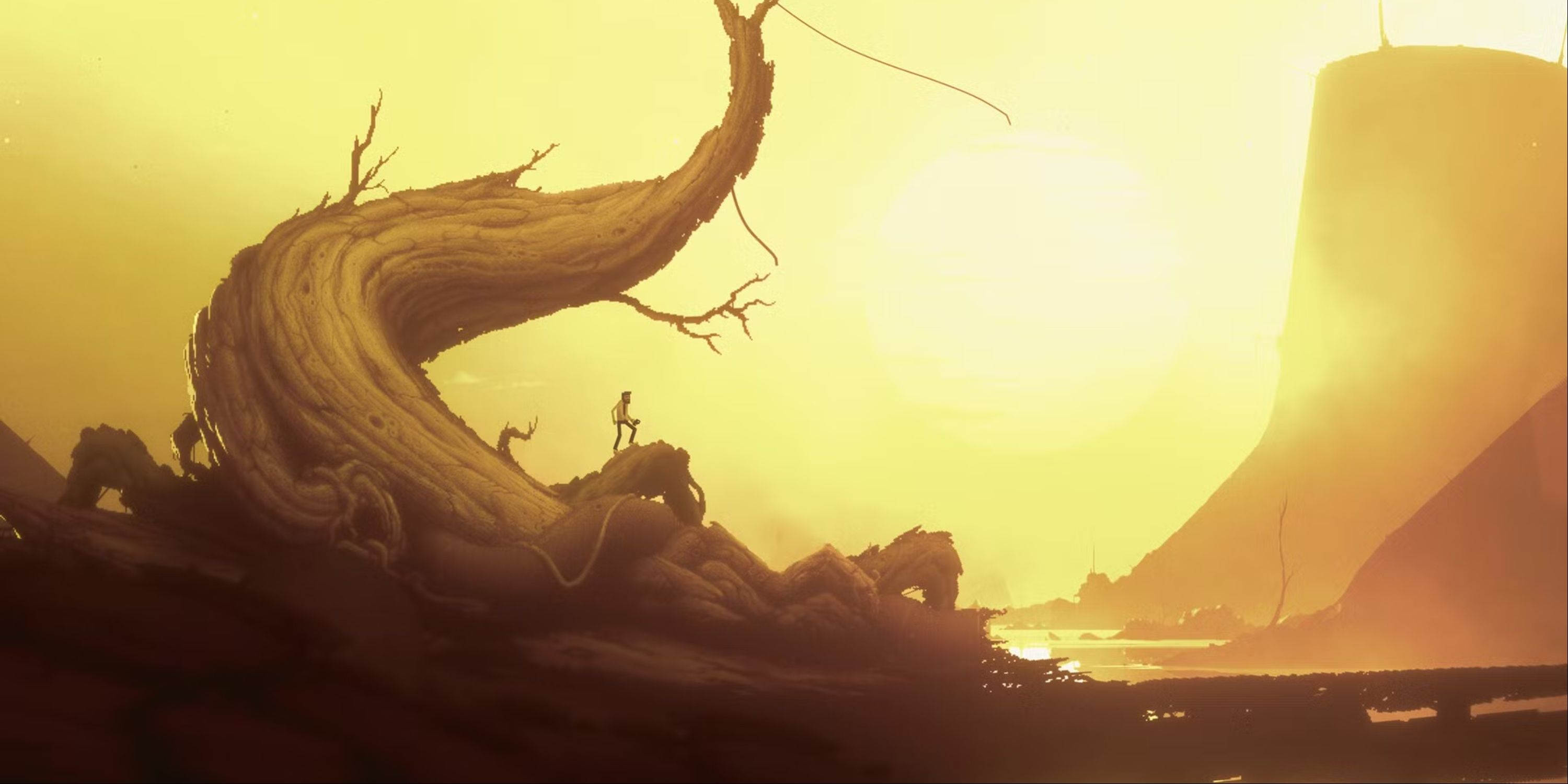 The protagonist standing on a giant curving fallen tree overlooking the sunrise and water in Bionic Bay.