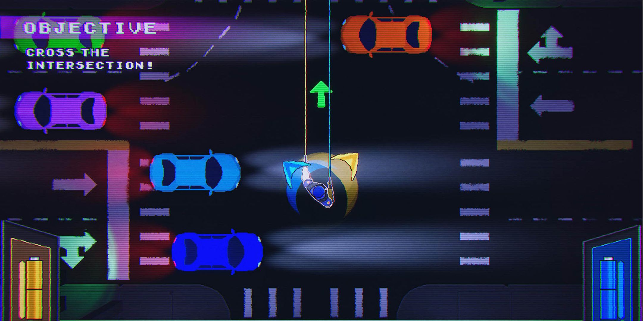 TwinCop in the middle of the intersection surrounded by cars.