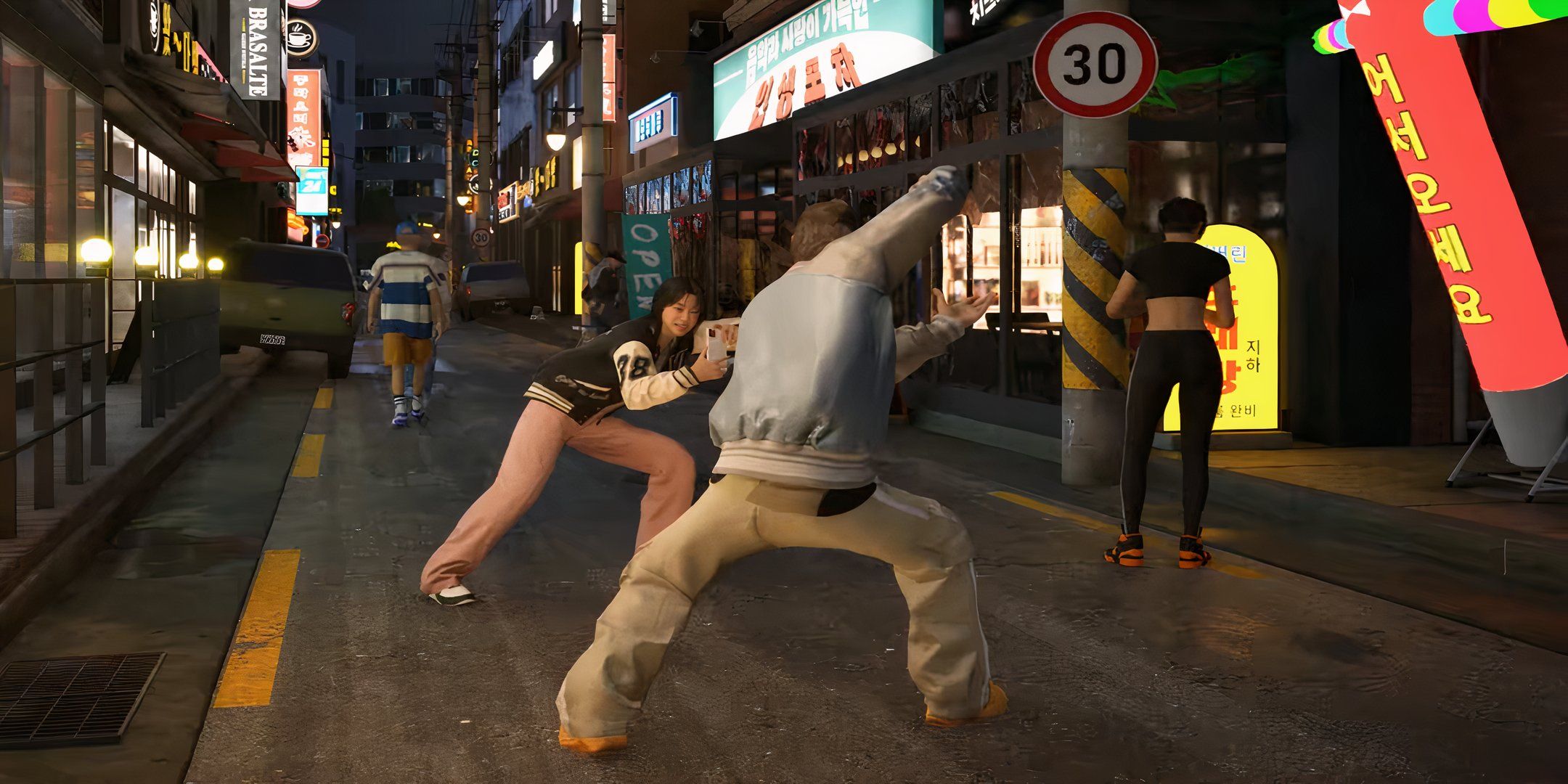 two zois taking a photo in a korean neighborhood.