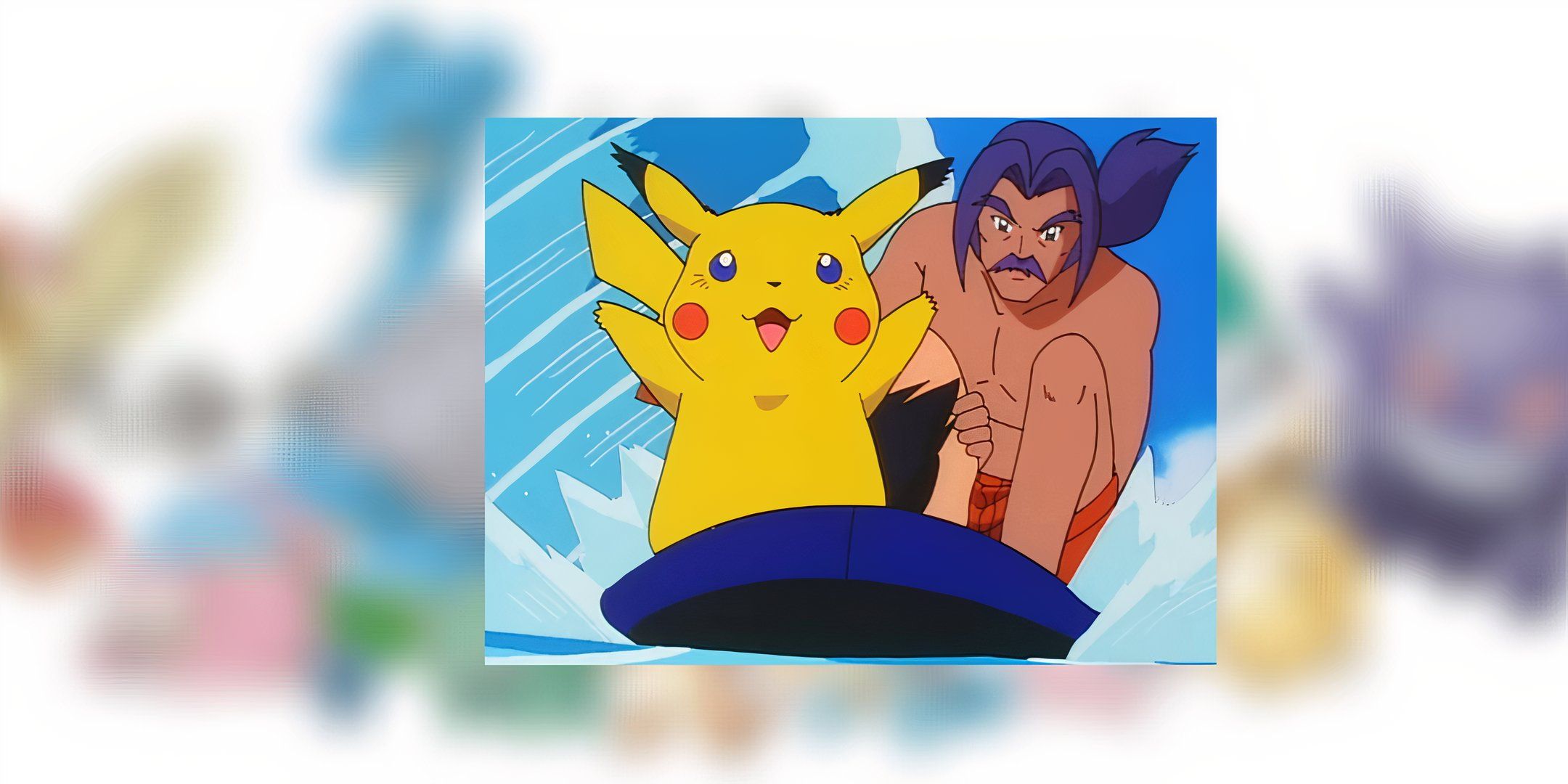 Victor and Puka riding a surfboard, with Puka riding in the front in the original Pokemon series.