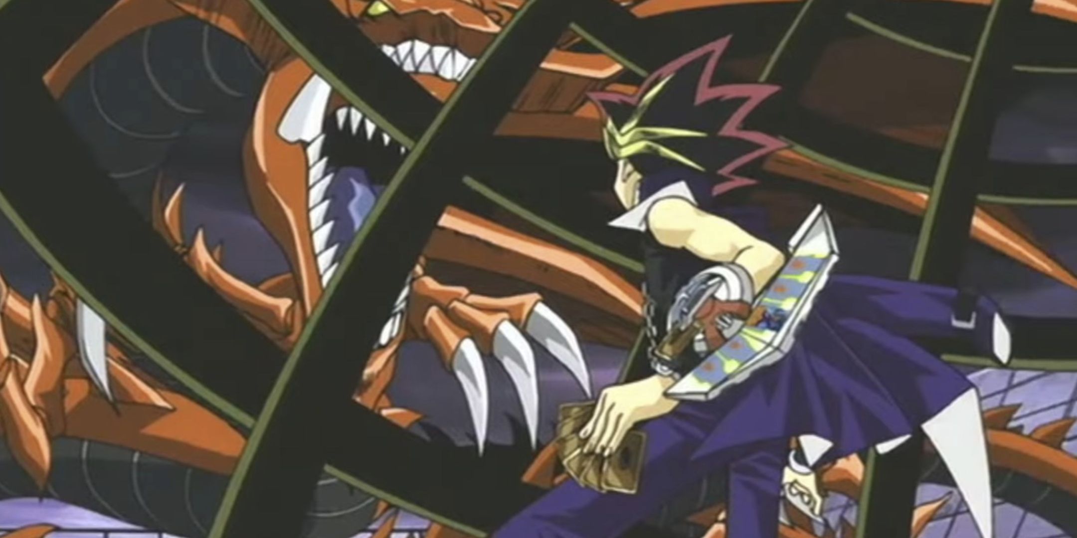 Yugi trapped in a cage while facing down Slifer in Yu-Gi-Oh!
