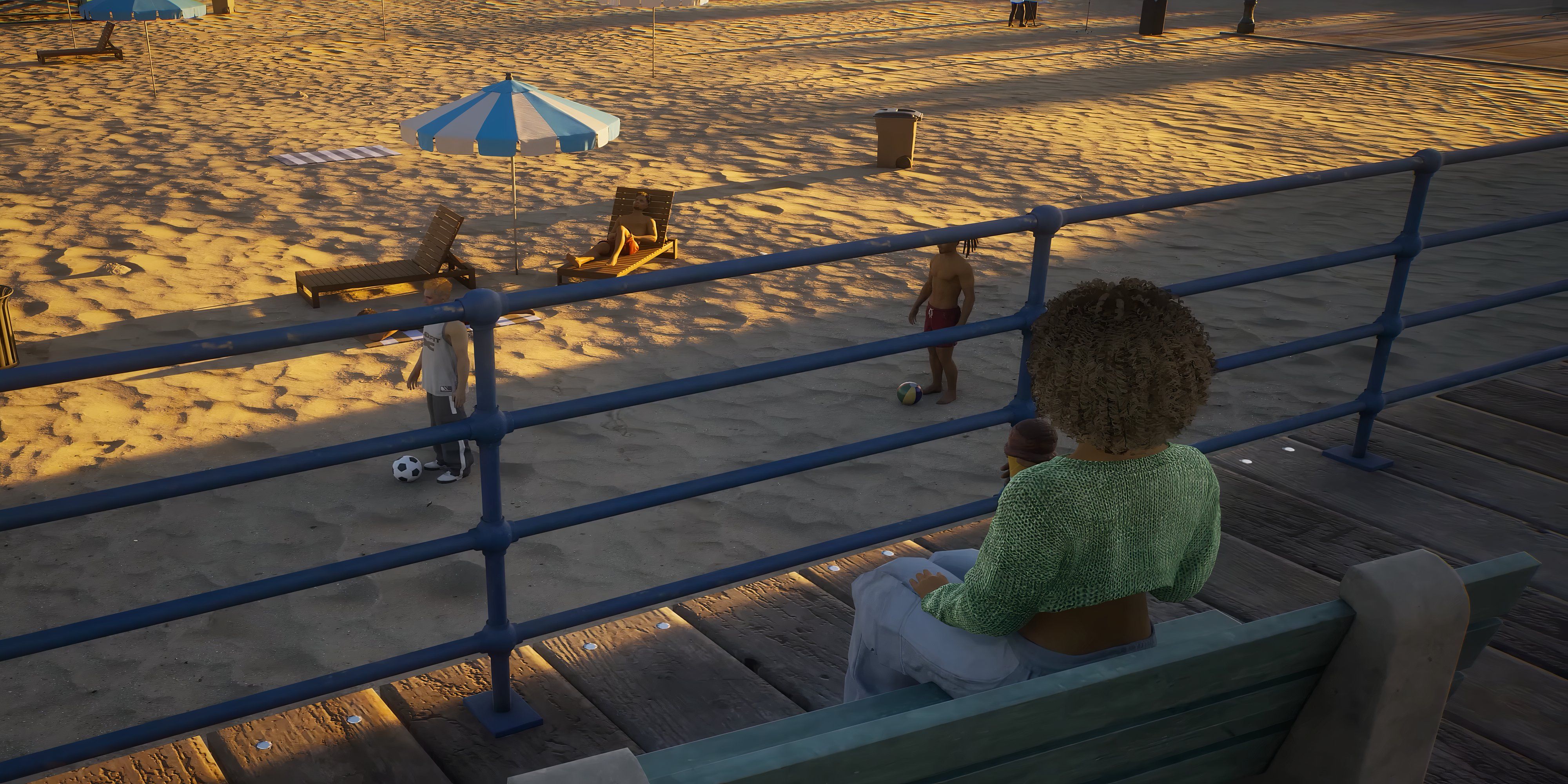 zoi looking contemplative in inzoi sat alone on a bench at the beach eating ice cream.