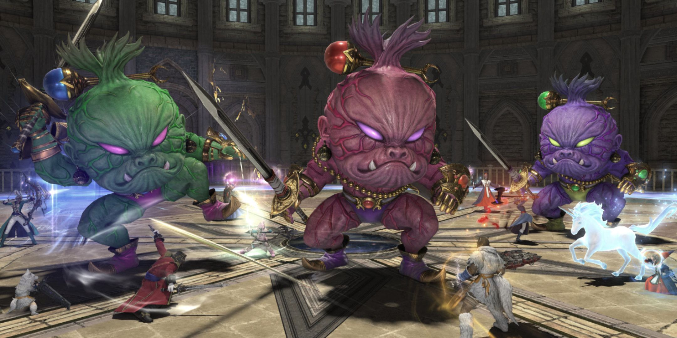 A bunch of Final Fantasy 14 players fighting three large colored monsters with swords