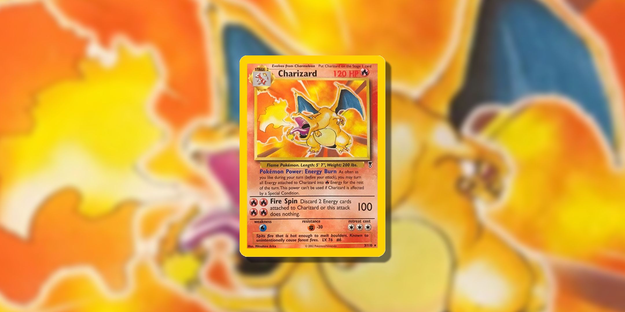 A Charizard pokemon card on a blurry zoomed in background.
