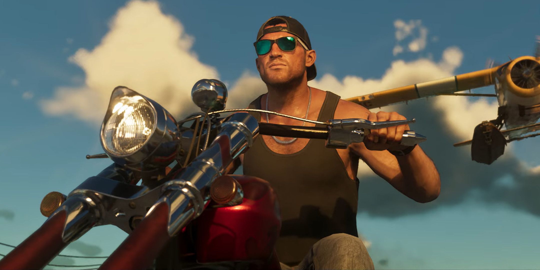 A close up of Jason from GTA 6 riding a motorbike