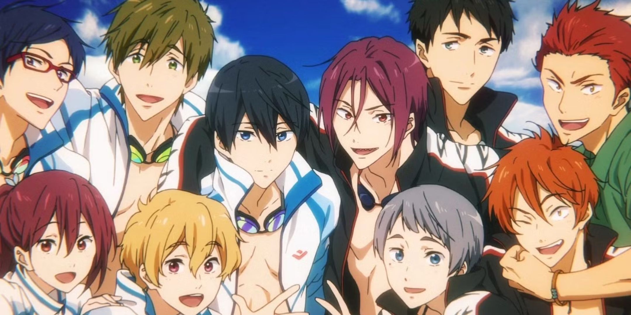 A group of characters from Free! posing together.