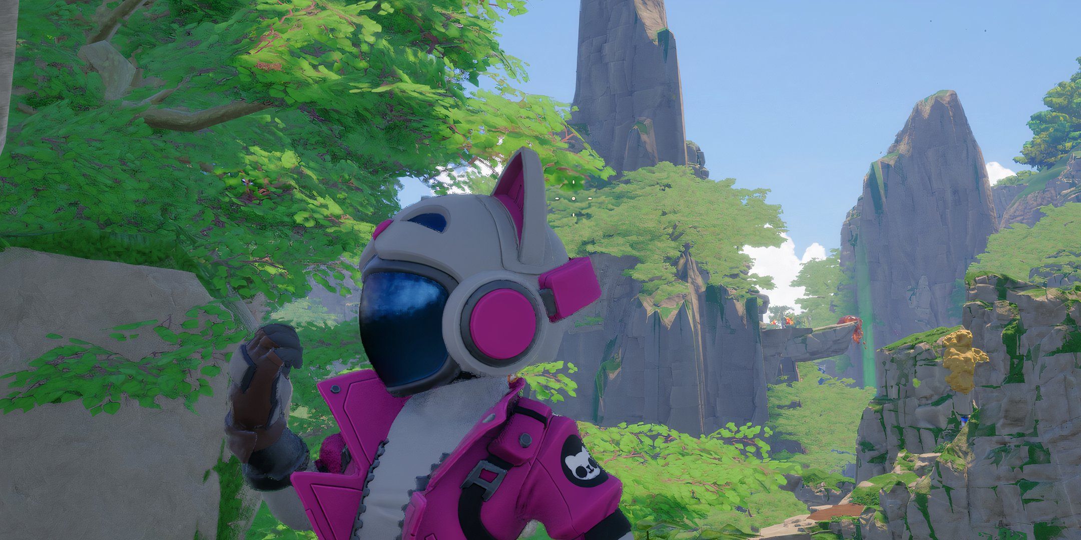 A Pioneer in the pink kitty outfit standing on the Cliffs of Abaddon in Revenge of the Savage Planet.