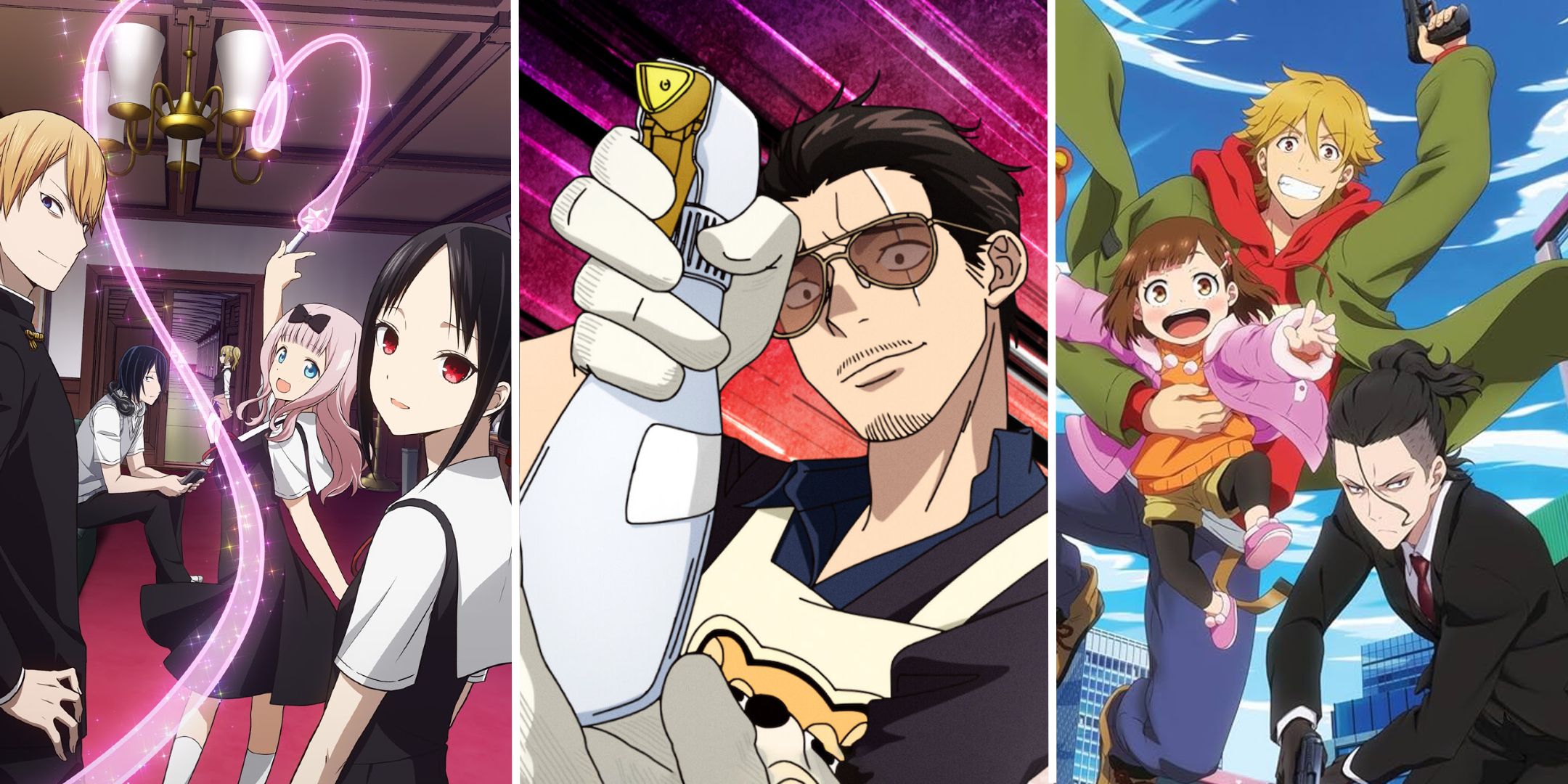 A split image showing promotional art from Kaguya Sama, Buddy Daddies, and Way of the Househusband.