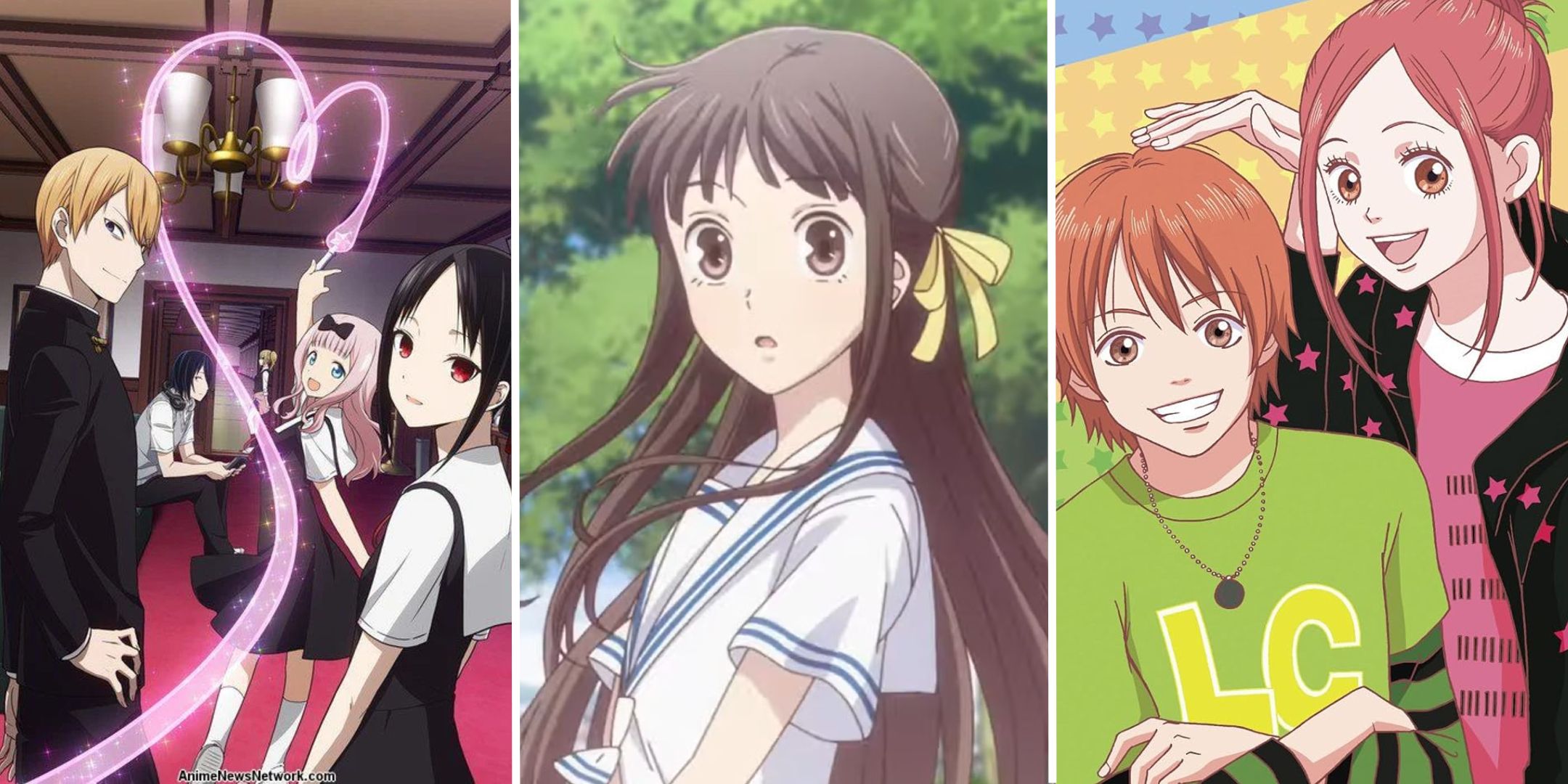 A split image showing promotional art from Kaguya-sama, Fruits Basket, and Lovely Complex.
