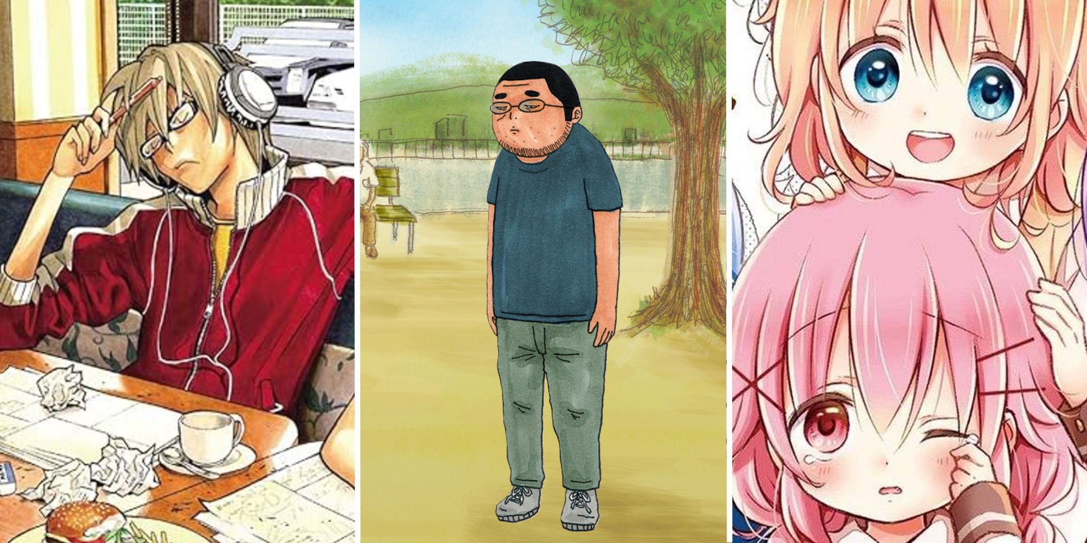 A split image showing three manga that have a mangaka character.