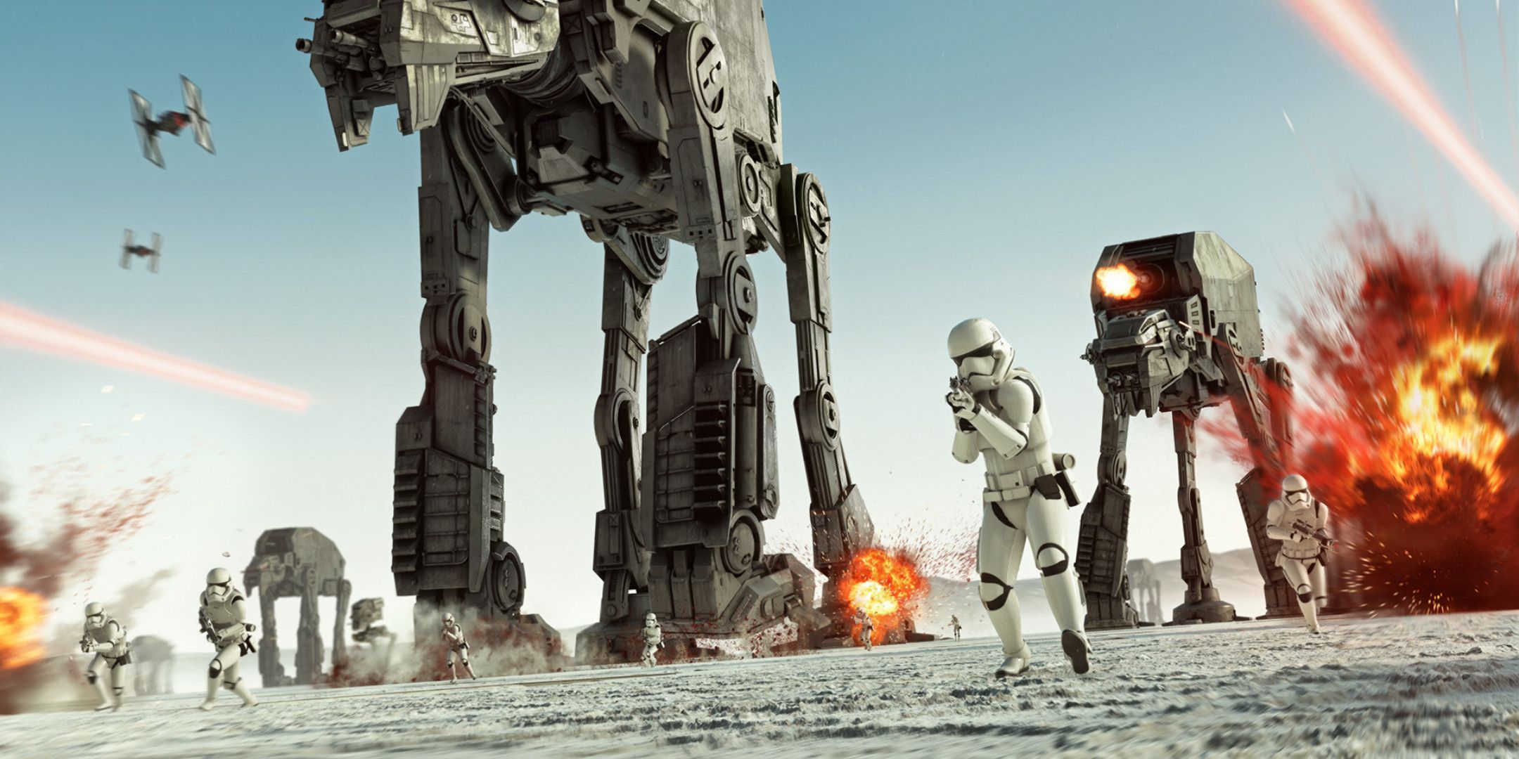 A Stormtrooper and several Empire machines on a battlefield