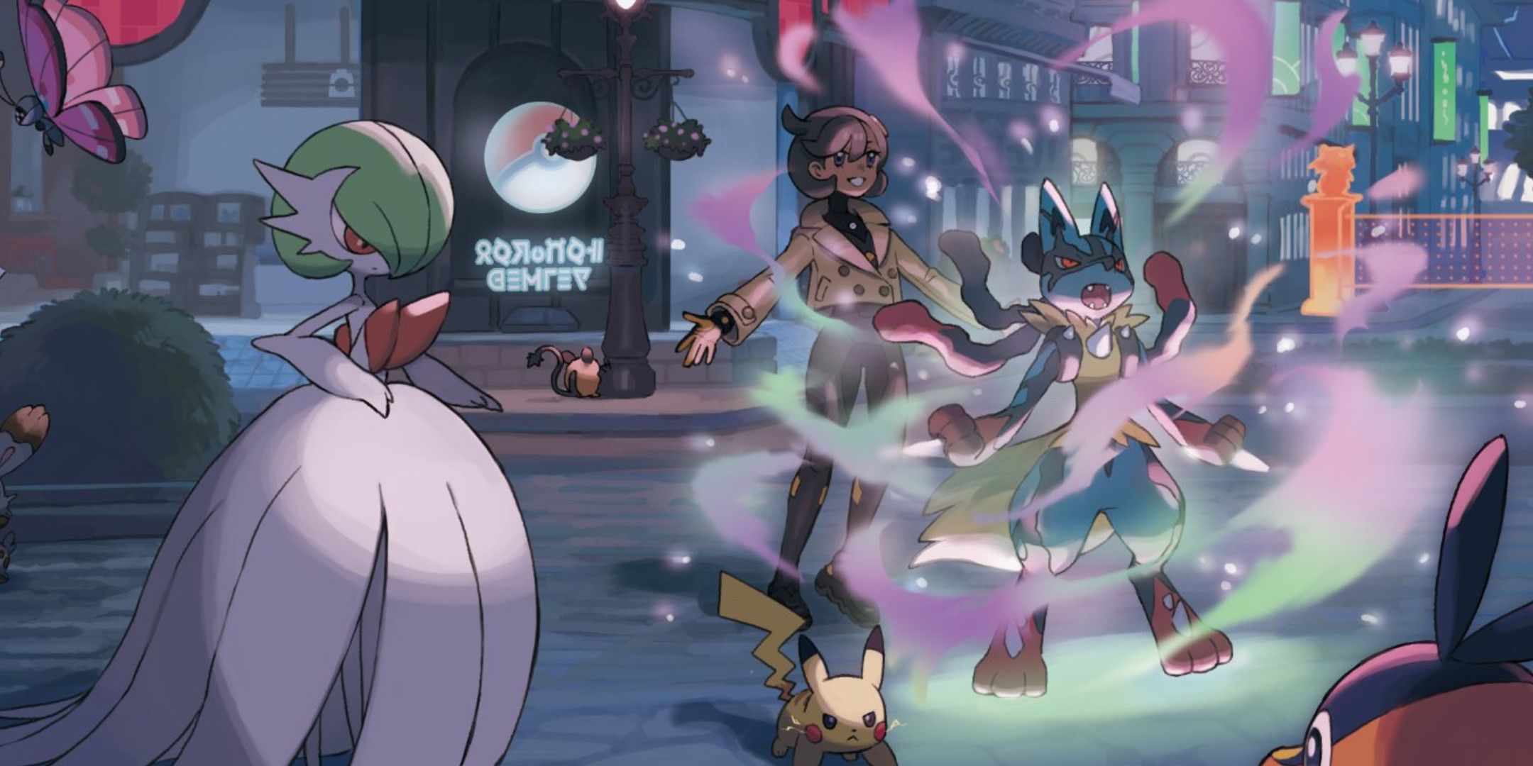 A woman fighting in a Pokemon battle with a Gardevoir, Pikachu, and Lucario