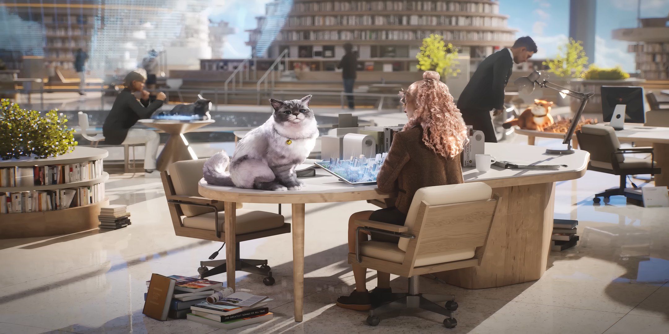 A Zoi doing city planning with a cat on her desk in InZoi.