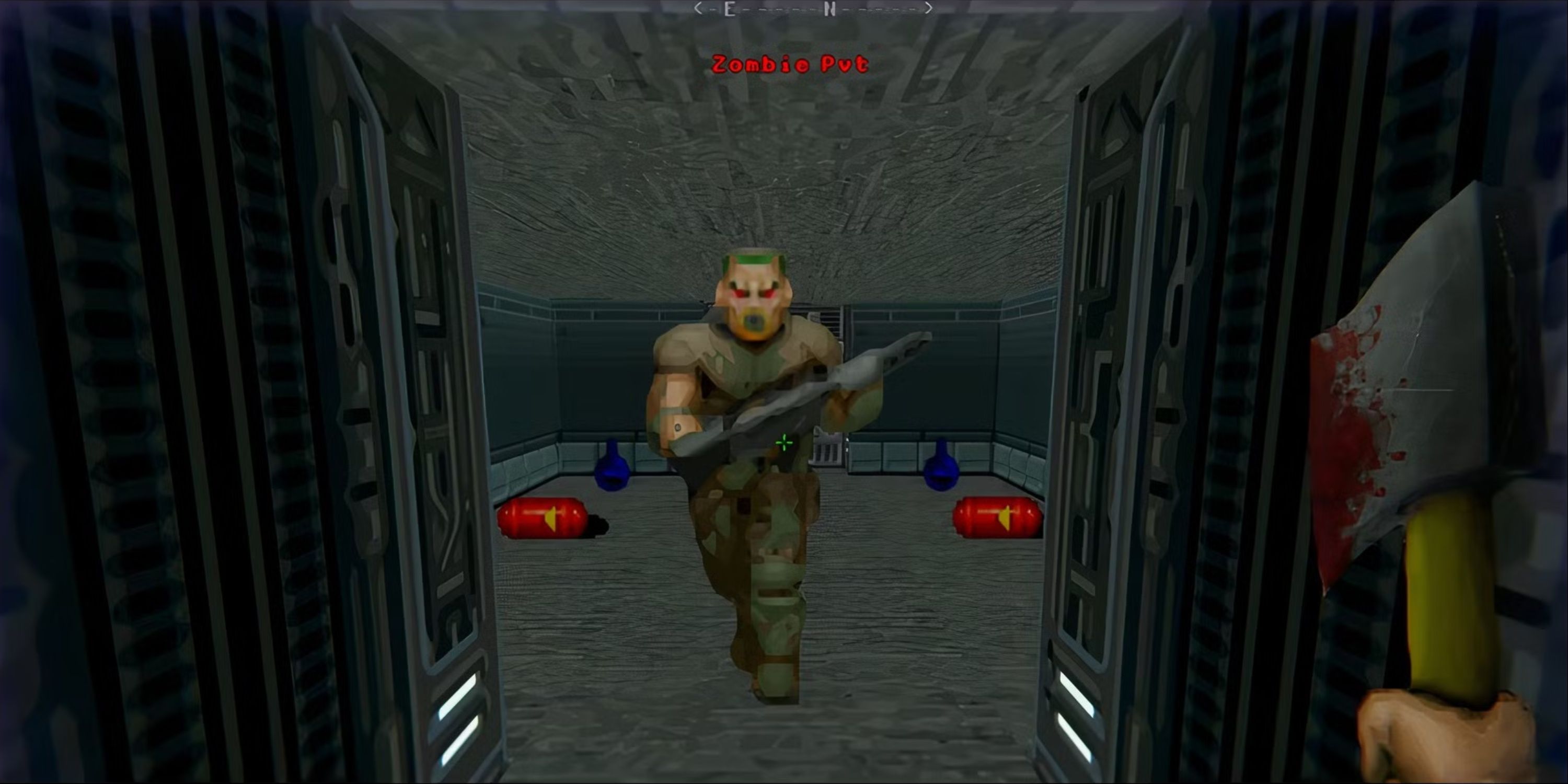 A Zombie Private approaching a player armed with an axe in Doom RPG.