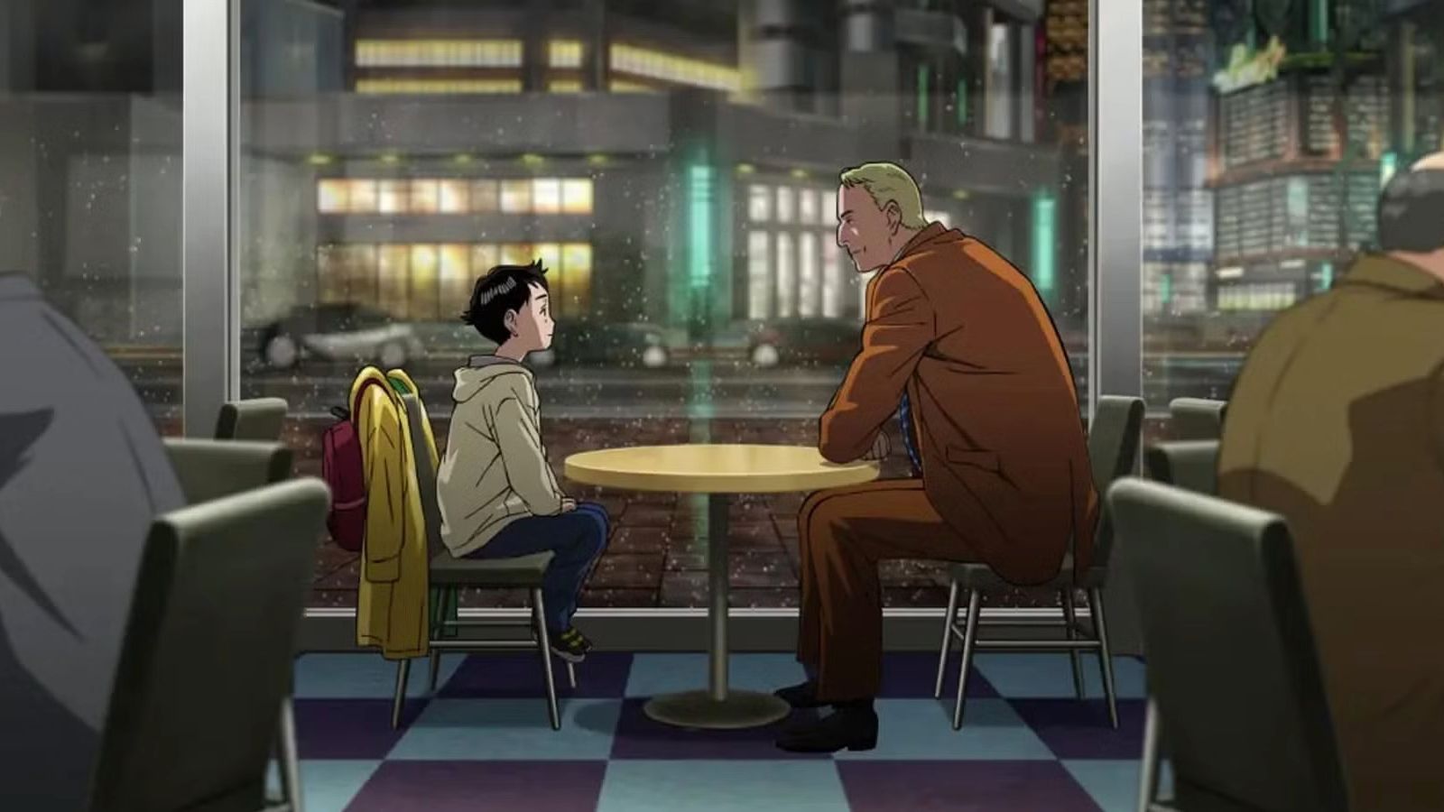 Two characters sit in a diner talking in Pluto.