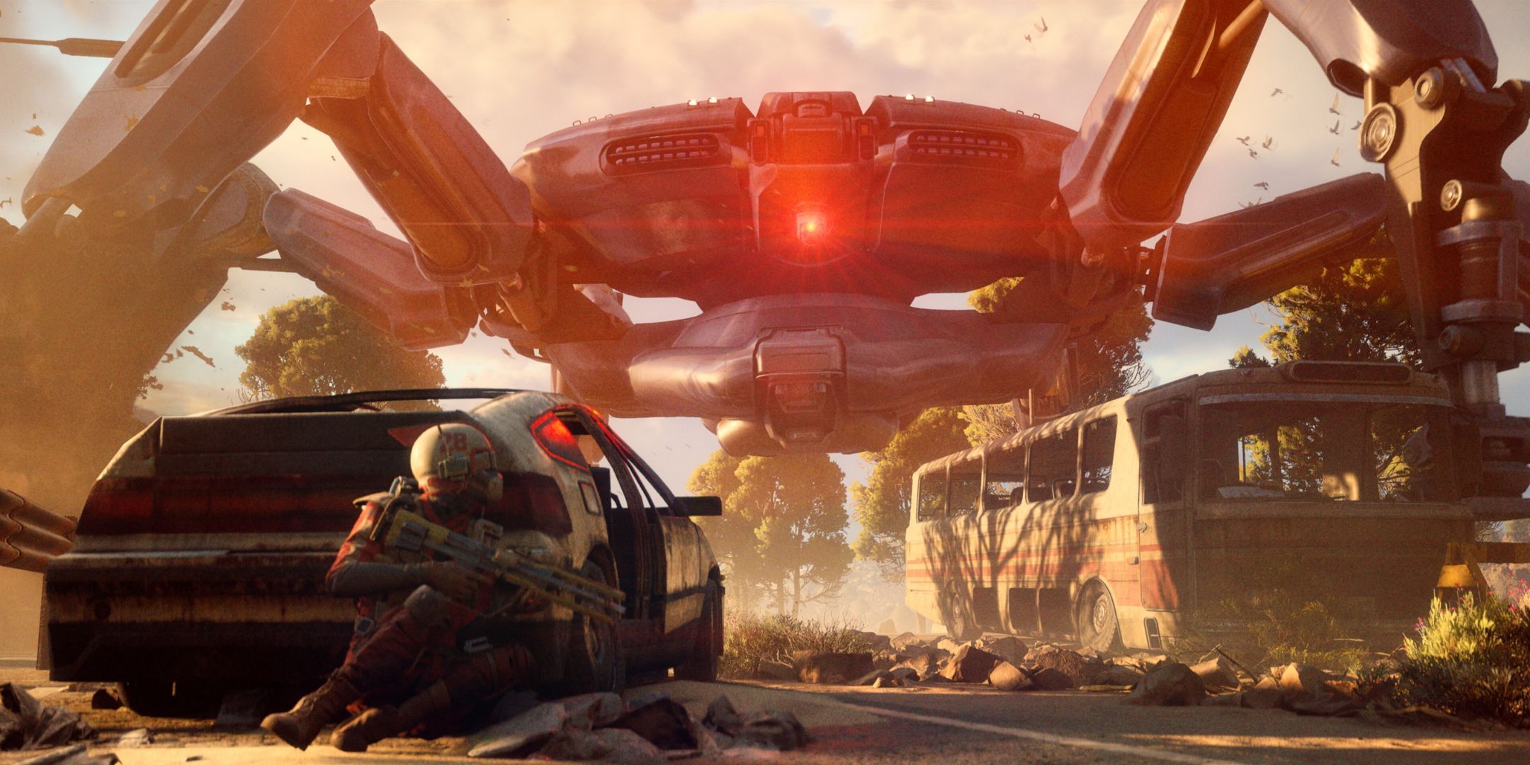 An Arc Raider hiding behind a car in Arc Raiders.