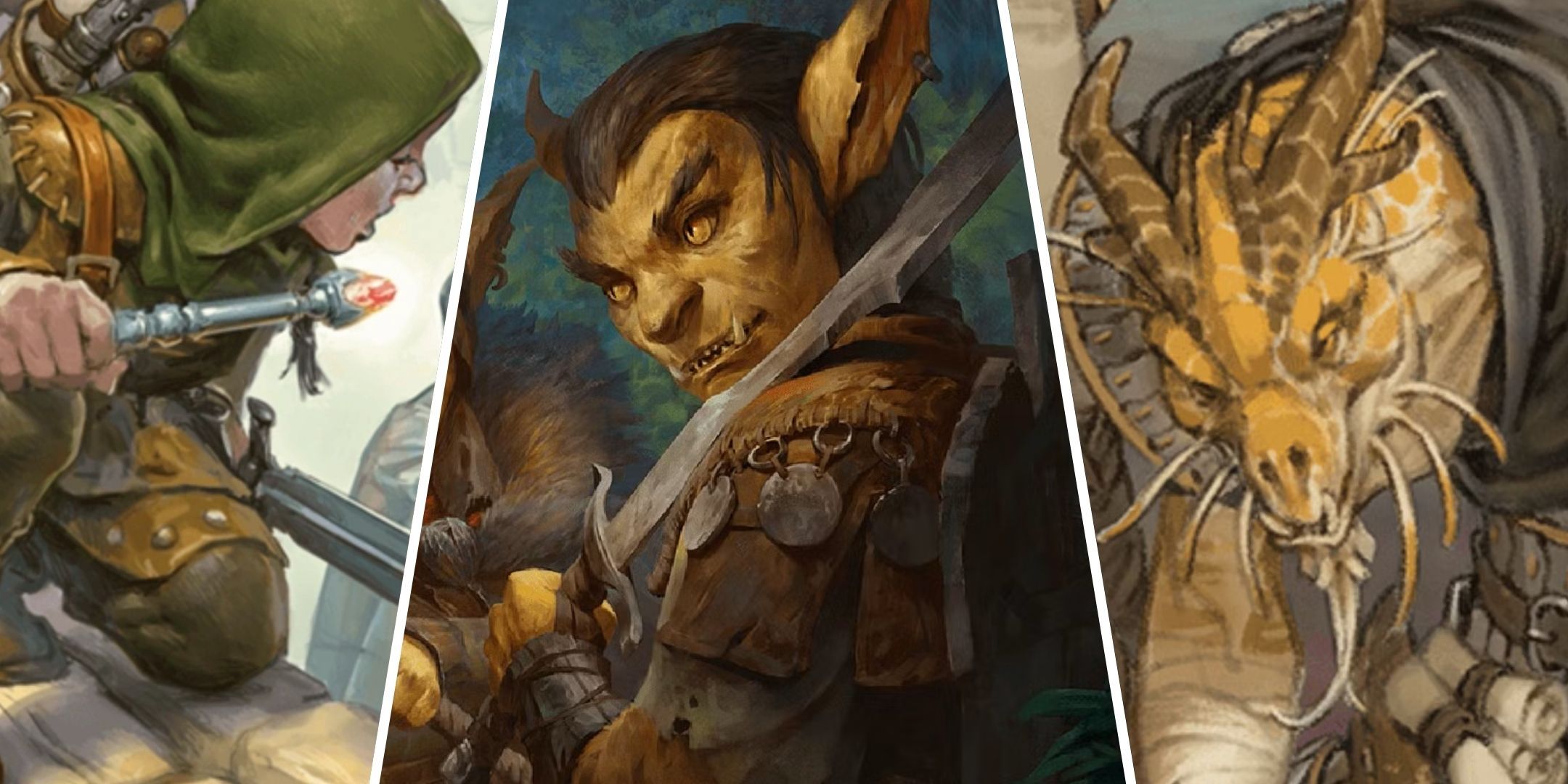 A halfling, a goblin, and a dragonborn from Dungeons & Dragons (DND).