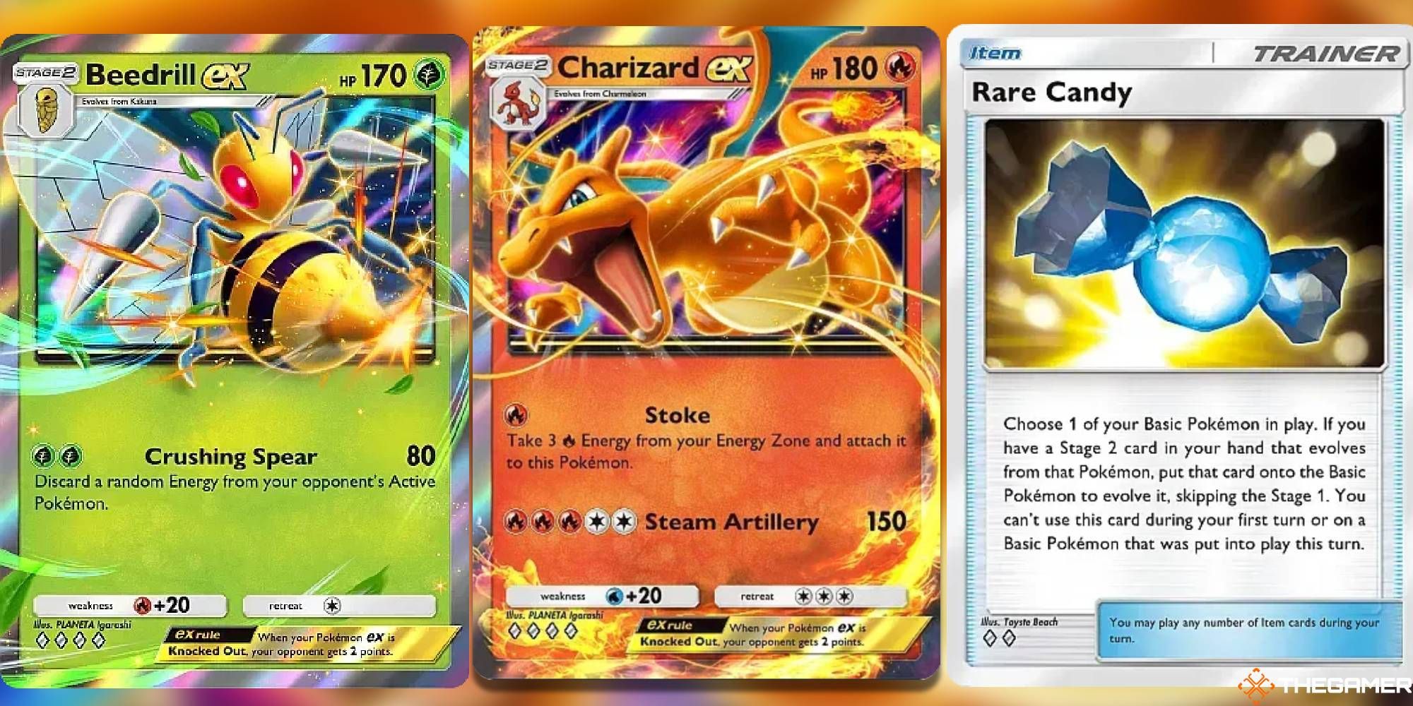 Beedril ex, Charizard ex, and Rare Candy from Pokemon Pocket split image.