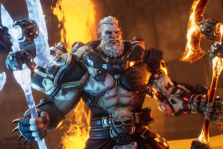 Beefy bearded Borderlands 4 character holding an ice and fire axe.