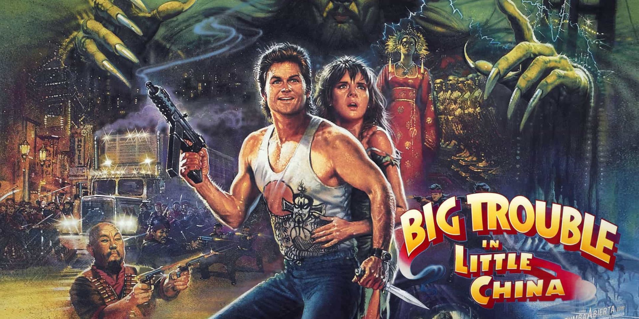 The action-packed poster for Big Trouble in Little China with the cast in action poses.