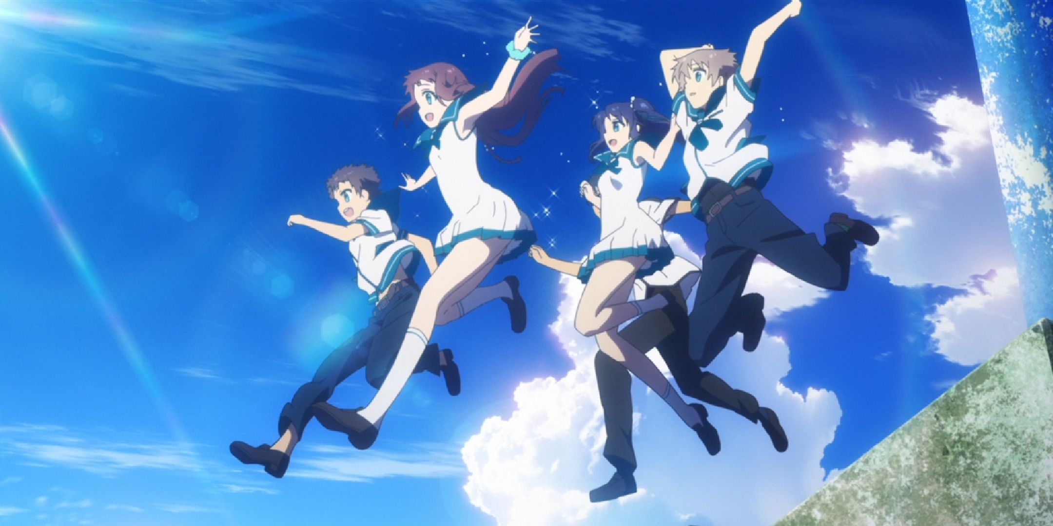 Characters from A Lull In The Sea jumping together.