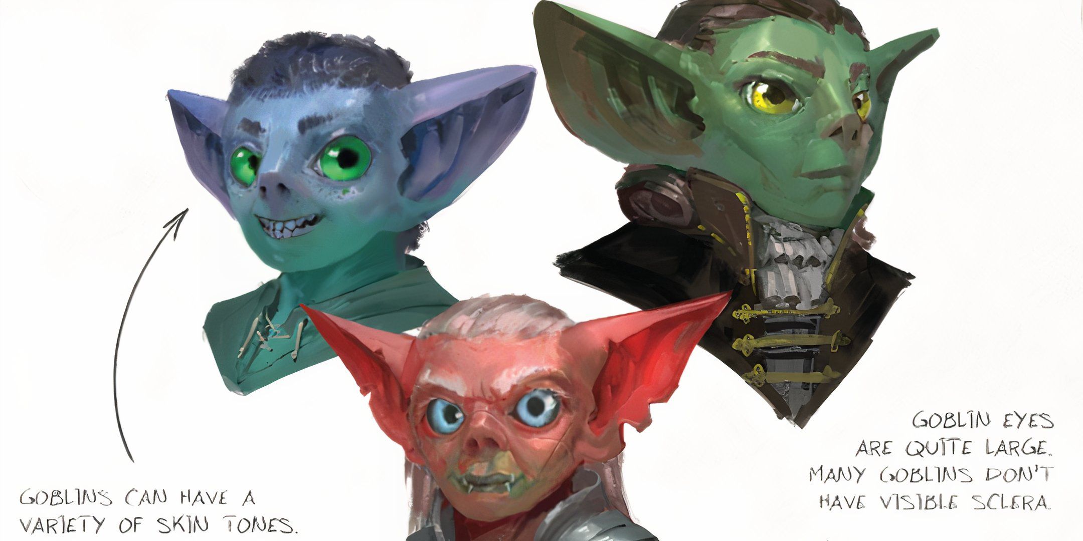 A trio of goblins with different skin tones in Daggerheart.