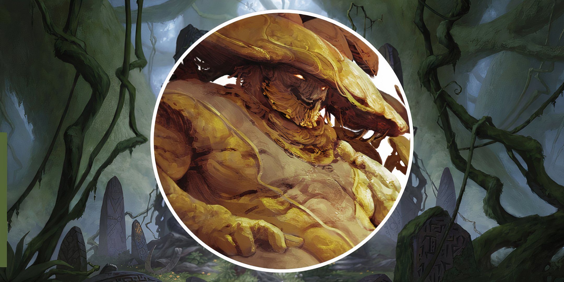 A fungril player-character, a humanoid-like mushroom figure in a split image with a forest in Daggerheart.
