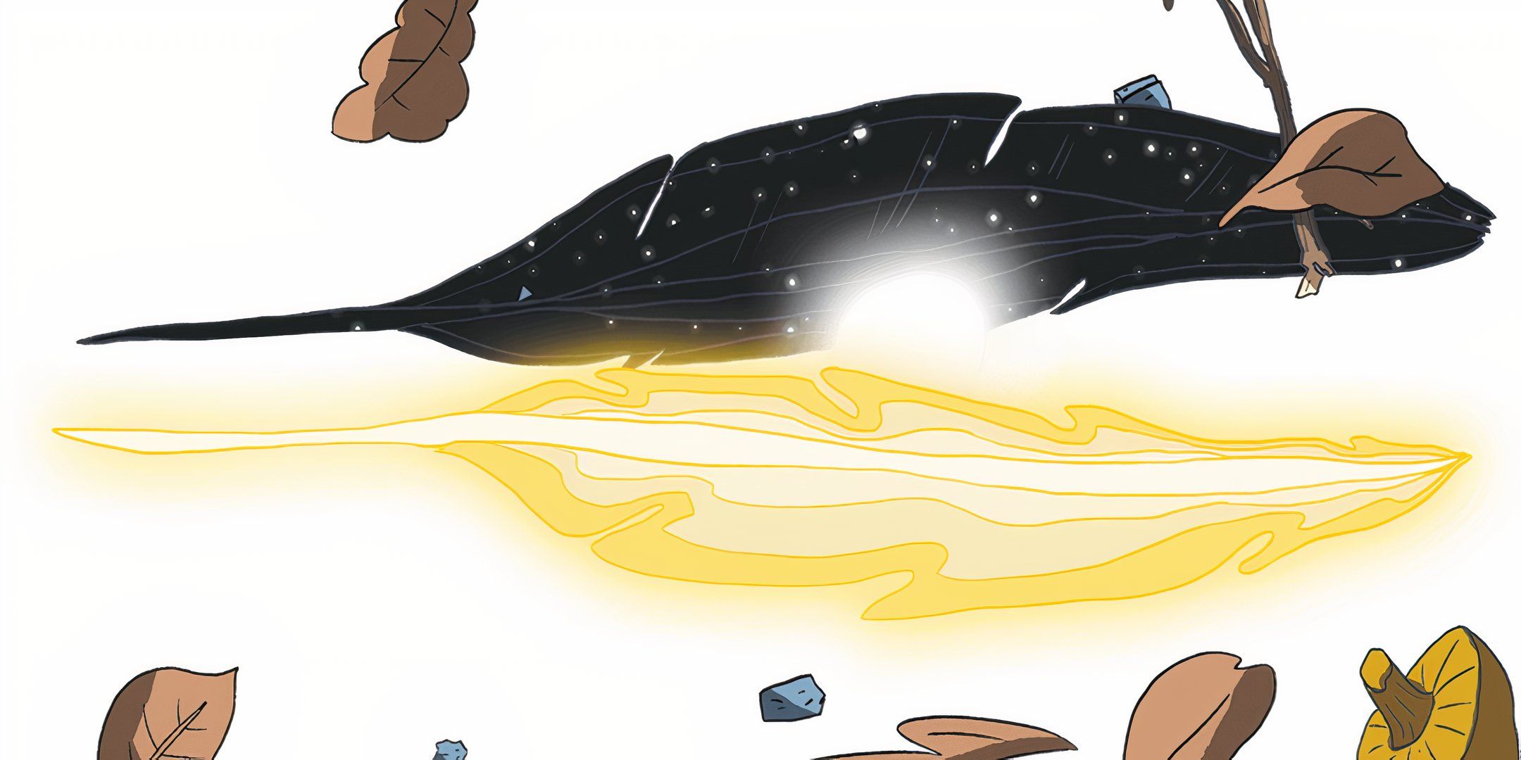 Two glowing feathers, one light and one dark, in the Humblewood campaign setting in DND.
