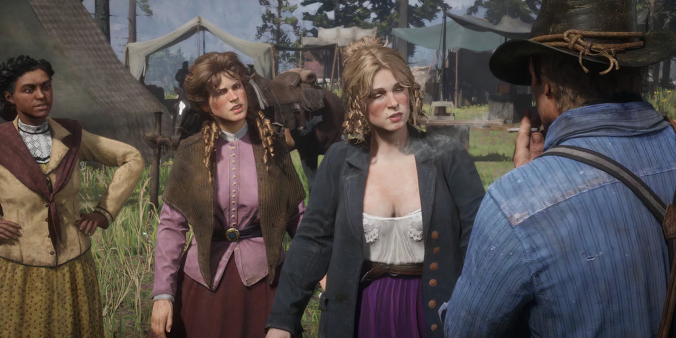 Two of the women from the Van der Linde gang in RDR2 talk and scold Arthur at camp.
