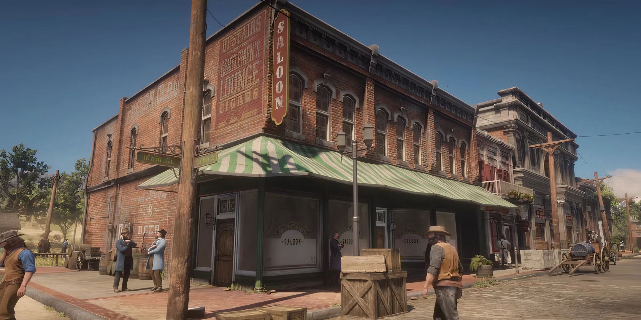 The player in front of a saloon in a town in Red Dead Redemption 2.