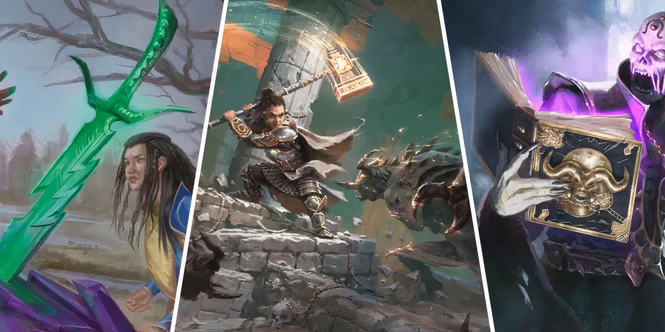 Split image featuring a green sword, a dwarf wielding a warhammer, and a lich holding a book.