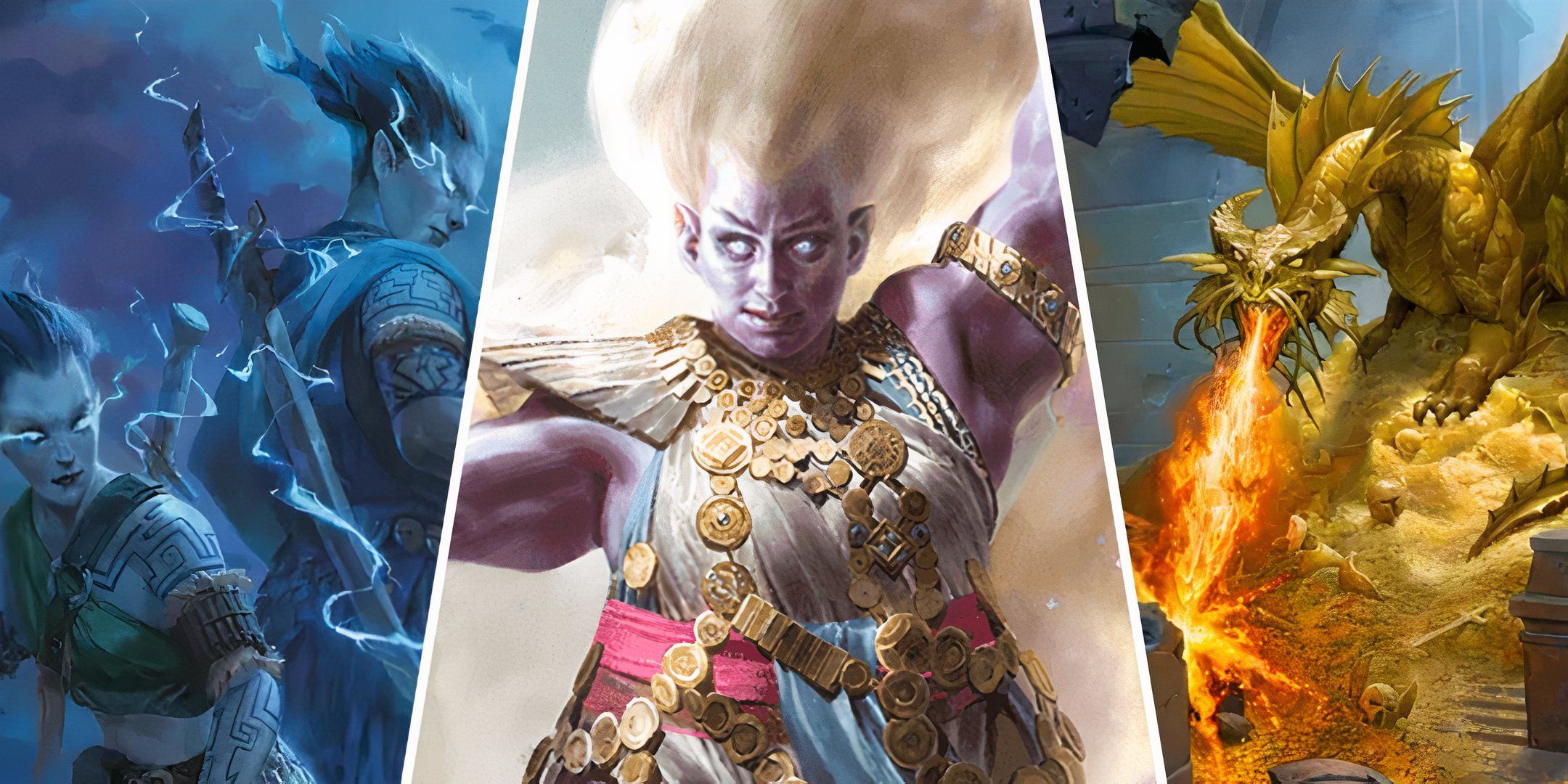 split image featuring storm giants, a genie, and a gold dragon in dnd.