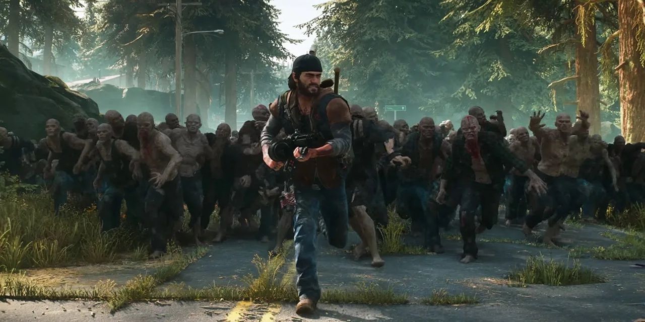 Days Gone Remastered: A horde of infected people chasing after Deacon.