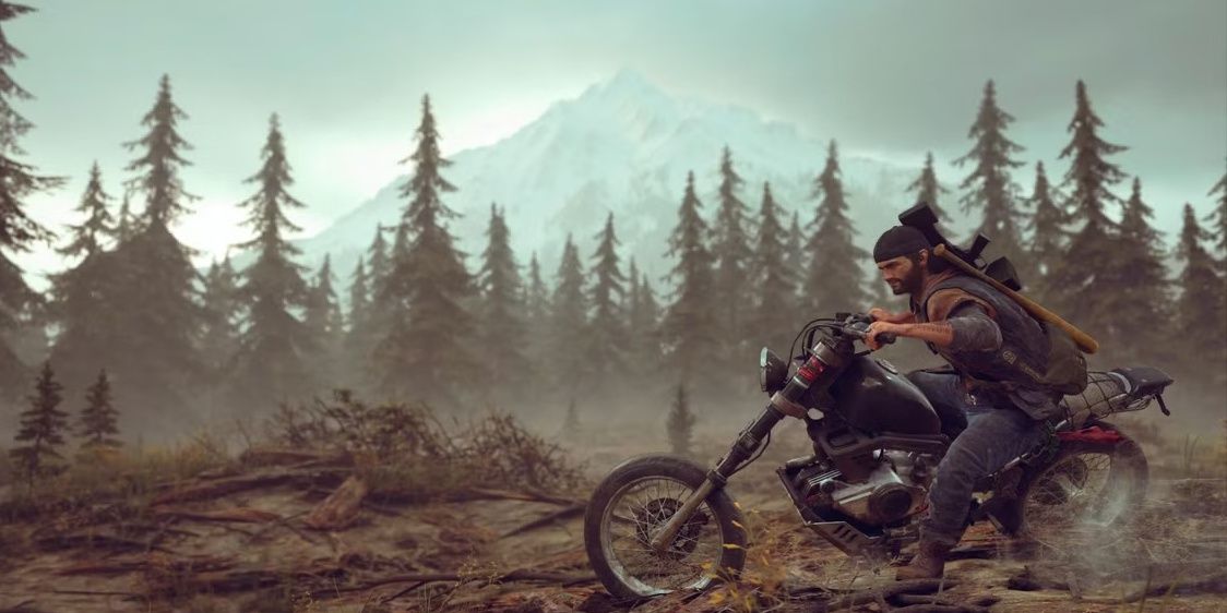 Days Gone Remastered: Deacon on his motorcycle as he drives along a trail.