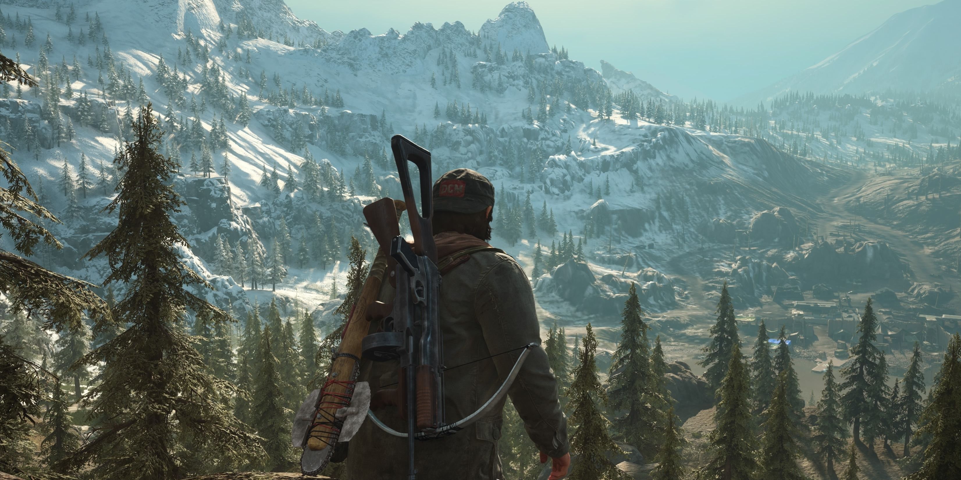 Days Gone Remastered: Deacon in the mountains observing an area for supplies.