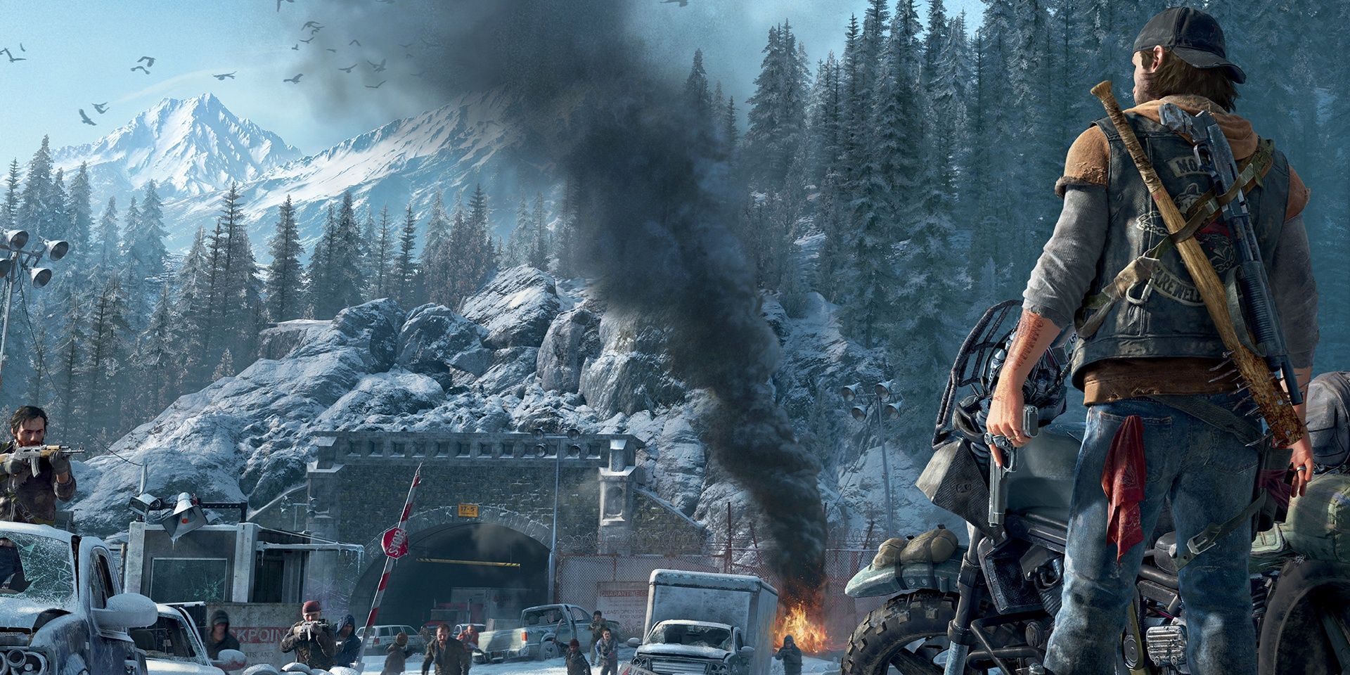 Days Gone Remastered: A camp of survivors pointing their weapons at Deacon.