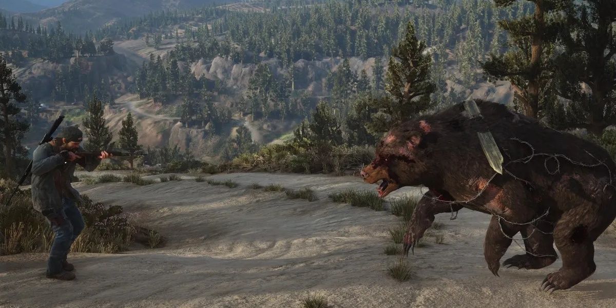 Days Gone Remastered: A rager bear covered in barbed wire charges deacon.