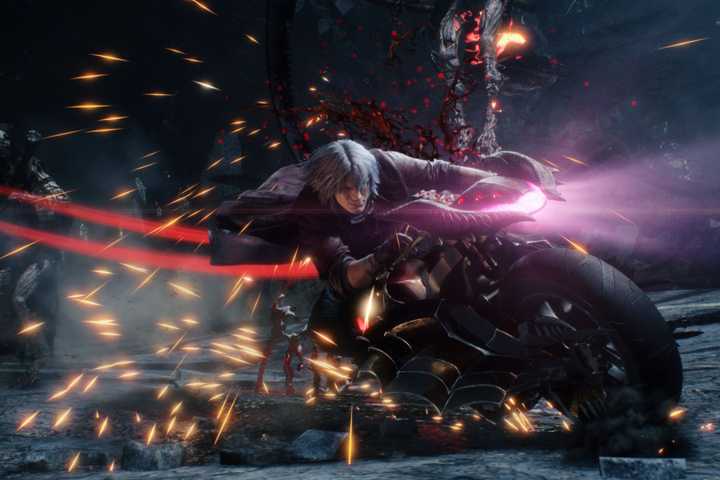 Dante riding a bike in Devil May Cry 5.