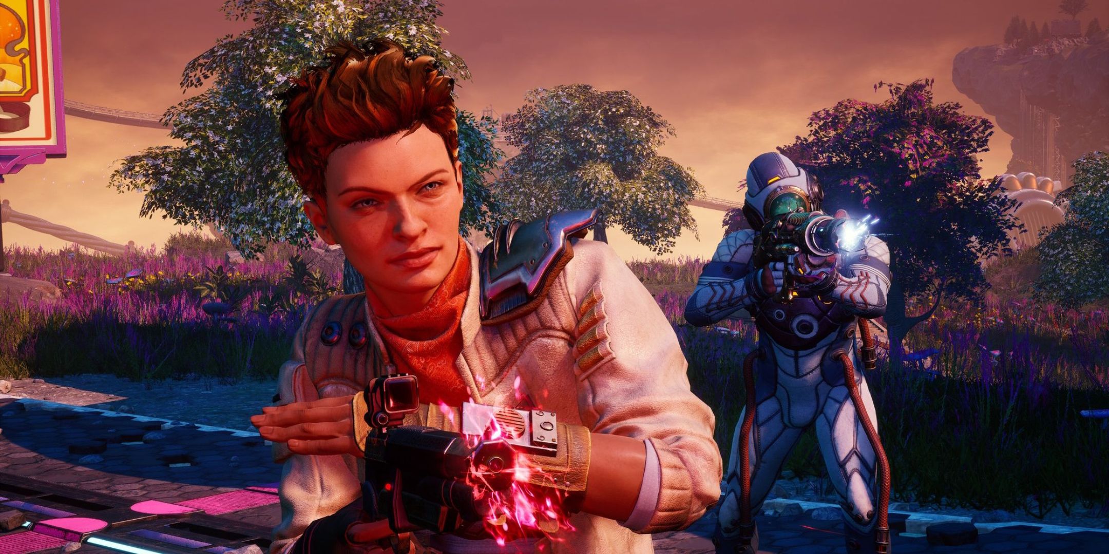 Ellie Fehnill firing her gun next to the player in The Outer Worlds.