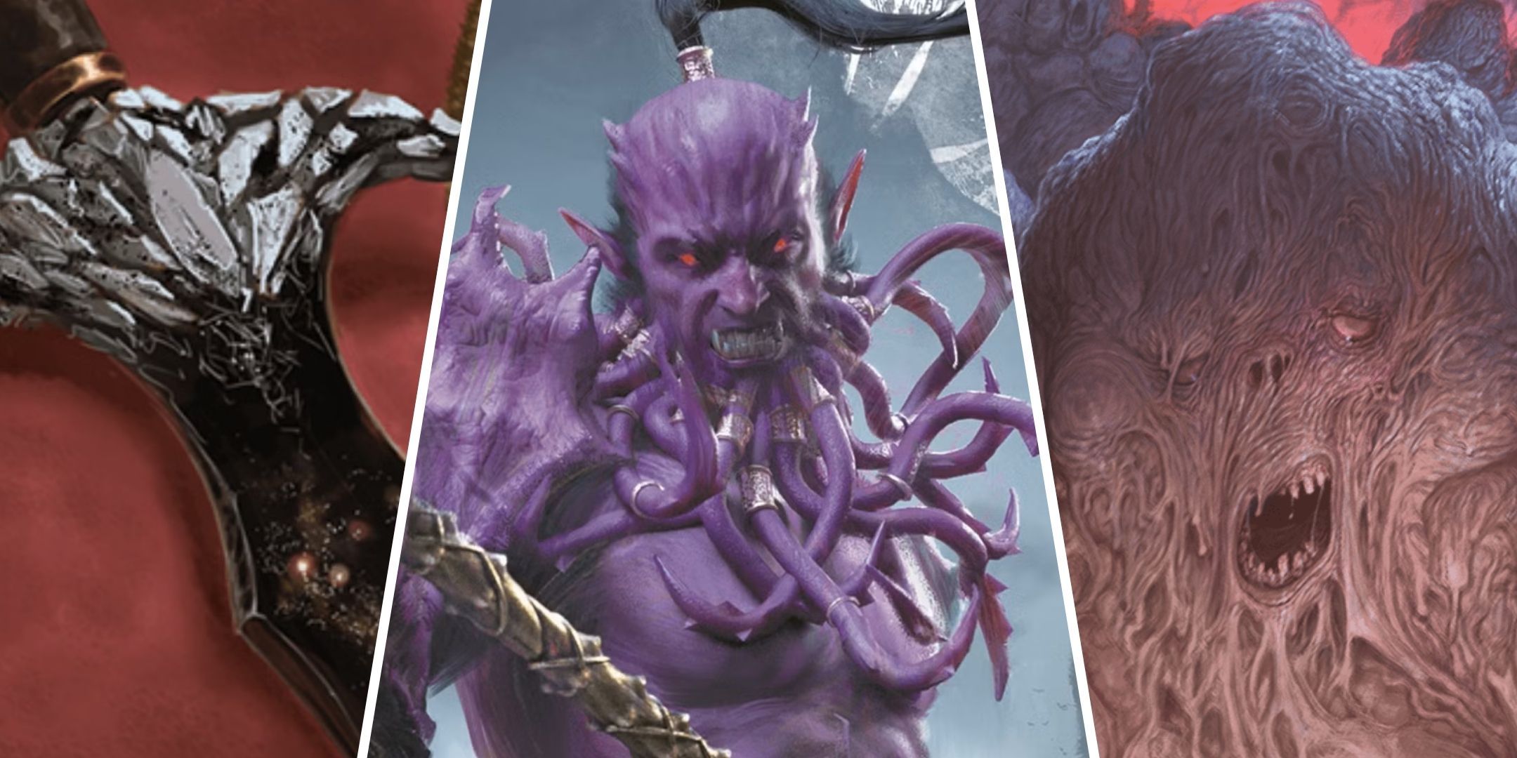 A magical sword, a barbed devil, and a lemure, from Dungeons & Dragons (DND).