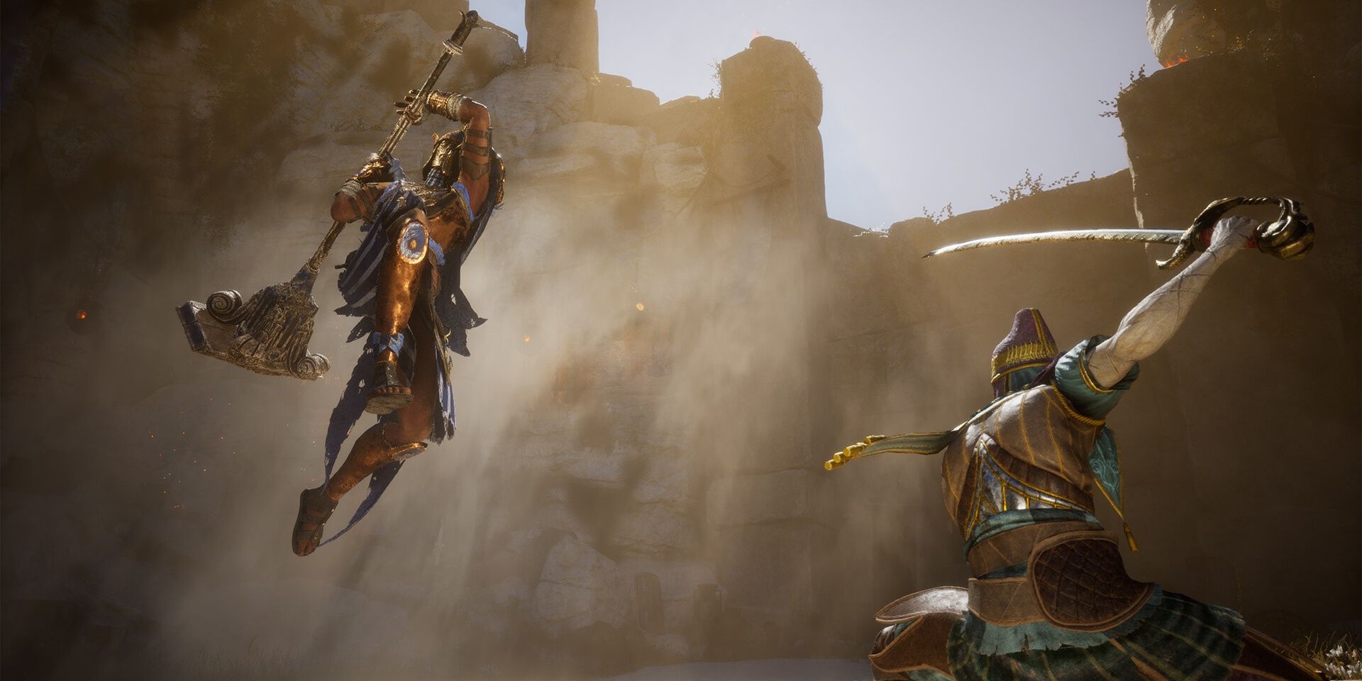 Enotria: The Last Song - Two warriors face off in a sunlit sand arena.
