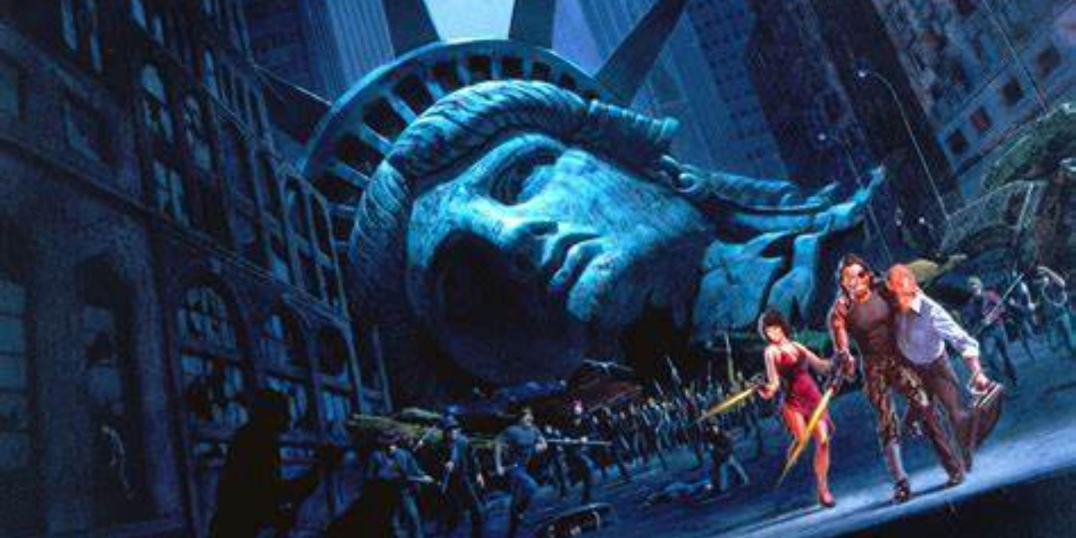 The poster for Escape From New York with the main character running down an alley chased by criminals.