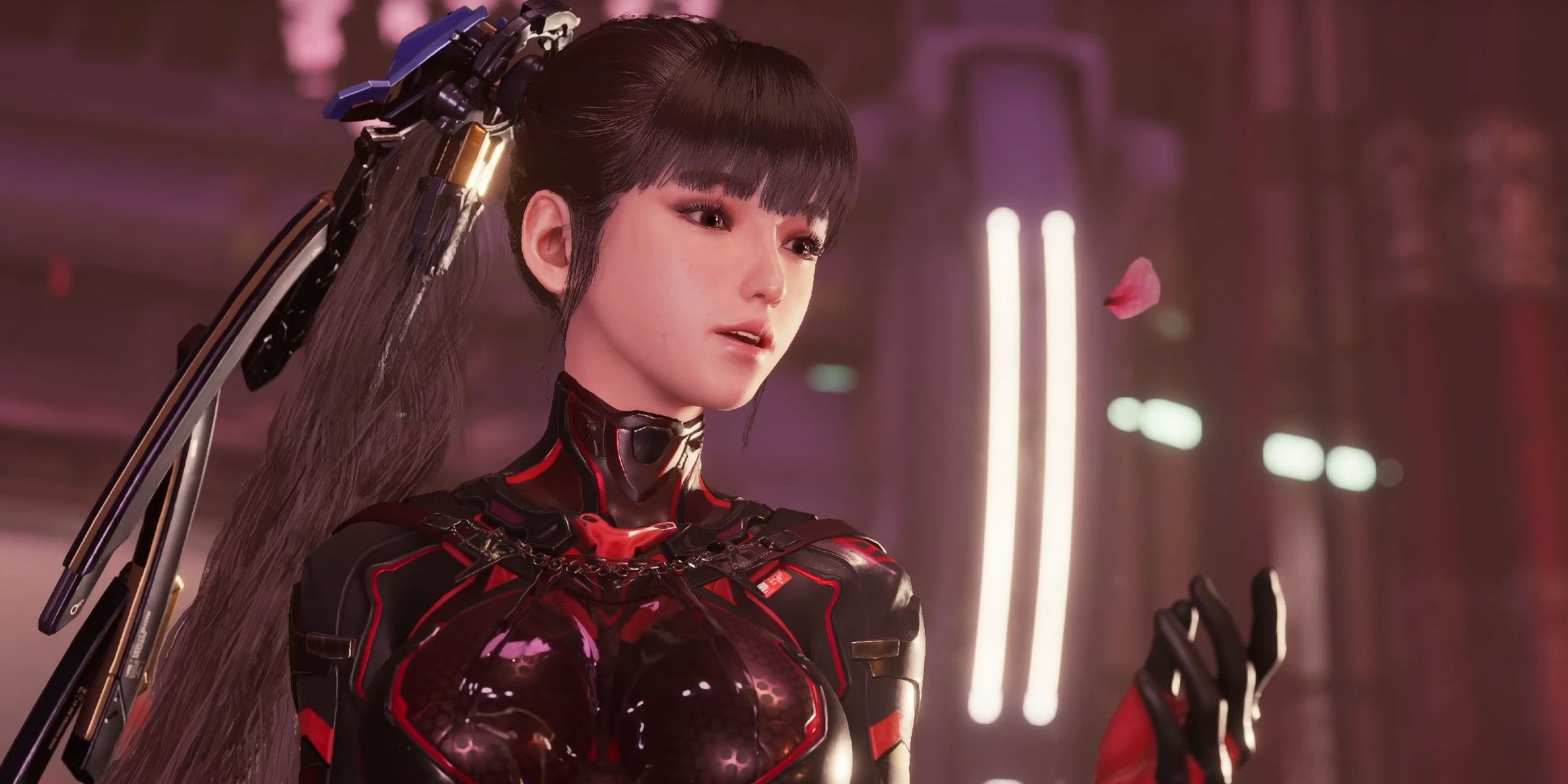 Eve looking at a falling petal in Stealler Blade