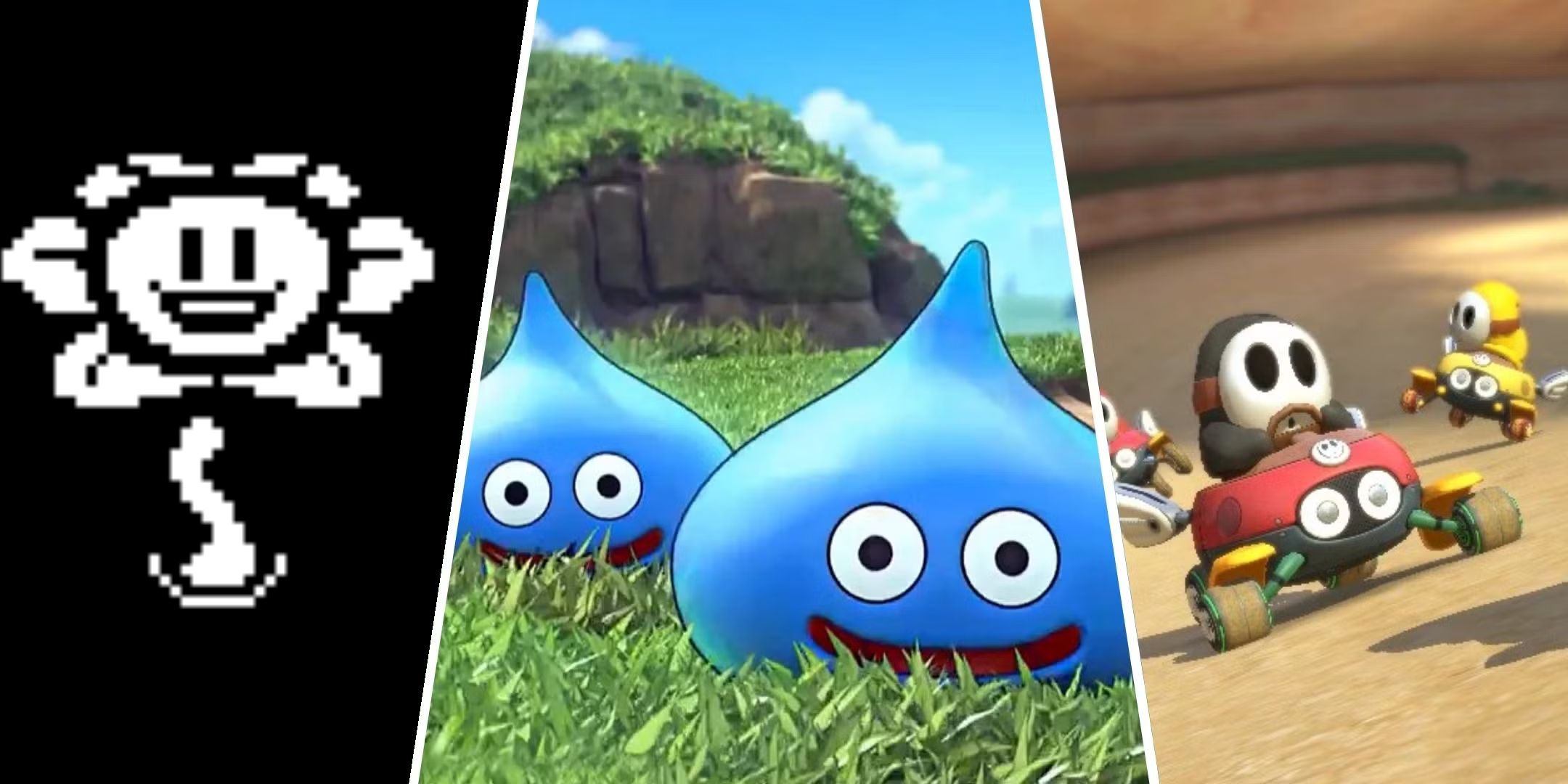 Flowey, Slimes, and Shy Guys in a collage.