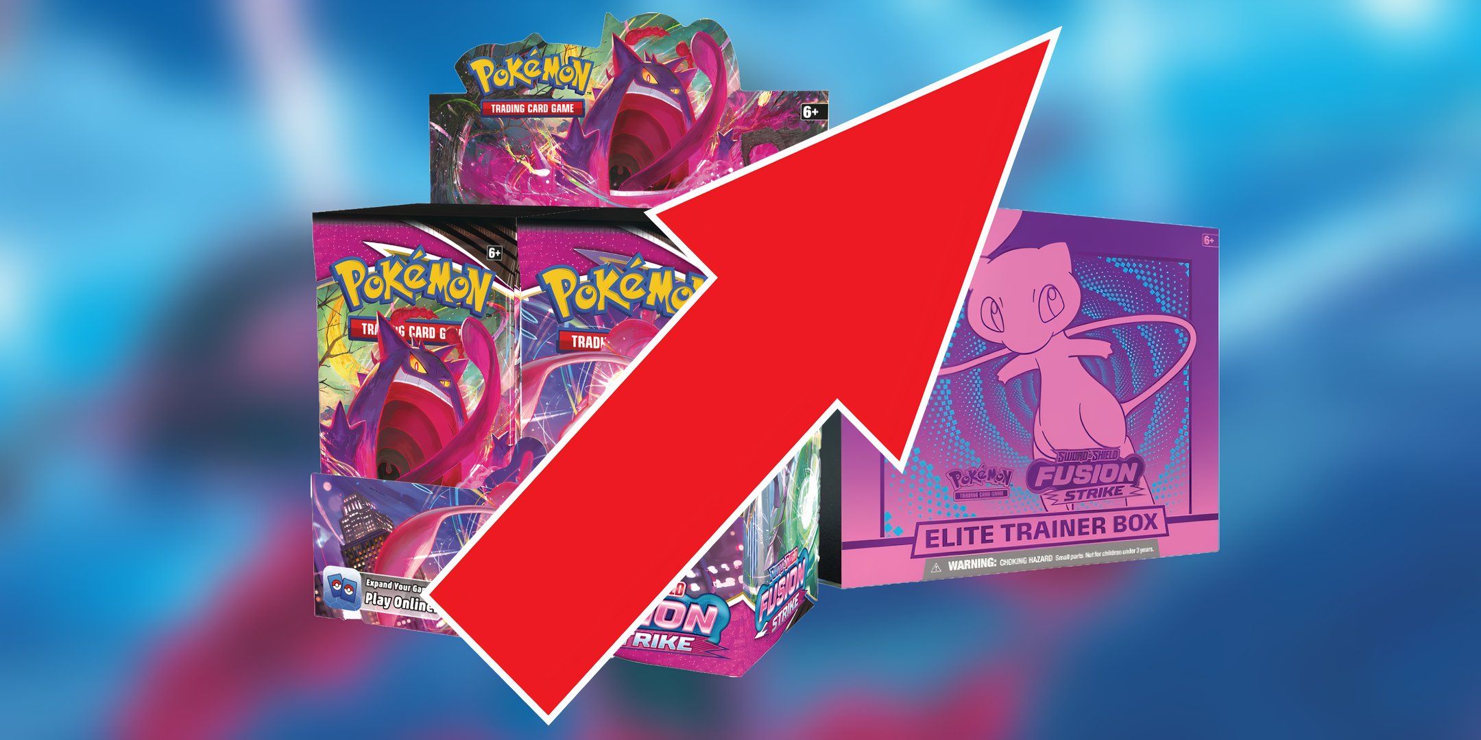 fusion strike etb and booster box price increase indicated by red arrow.