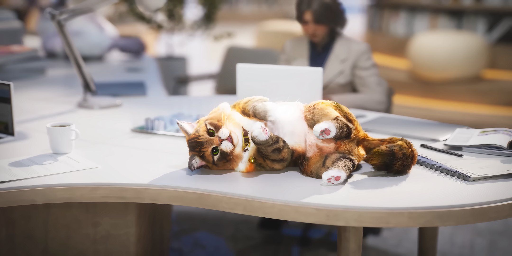 ginger cat rolling over on a table in inzoi.