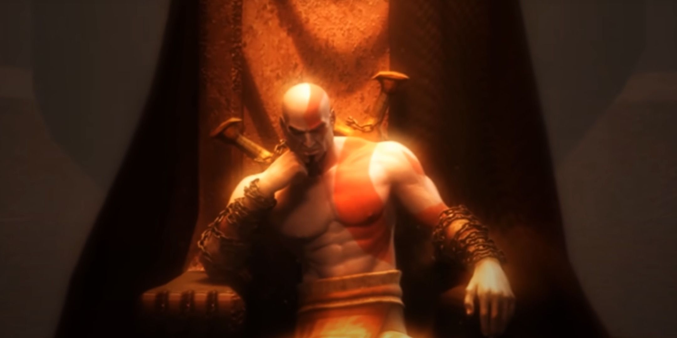 Kratos on his throne in God of War.
