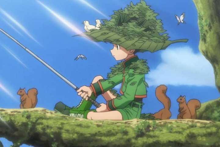 Gon fishing and surrounded by animals in Hunter x Hunter.